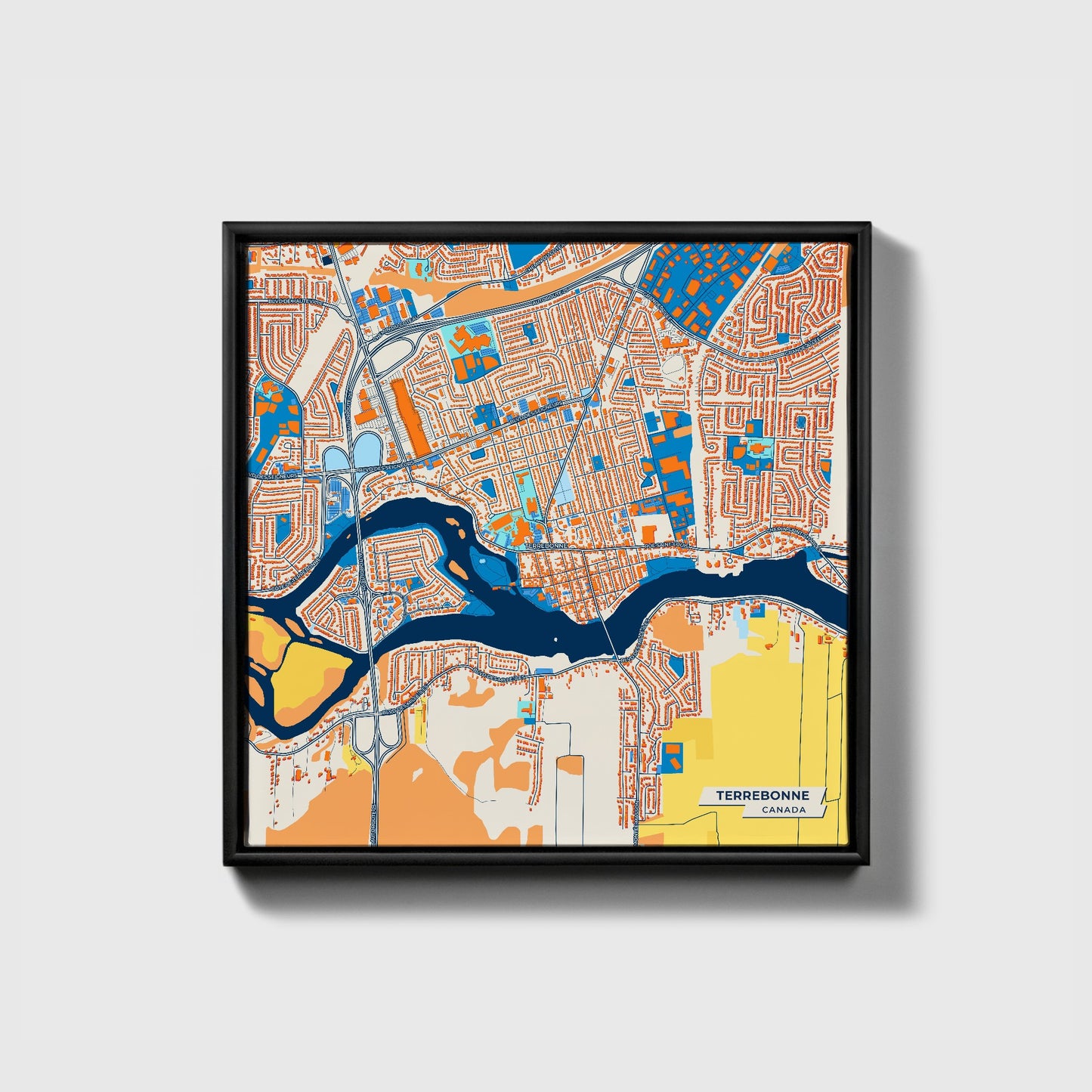 Terrebonne Canada Colorful City Map Canvas Print • Black Framed