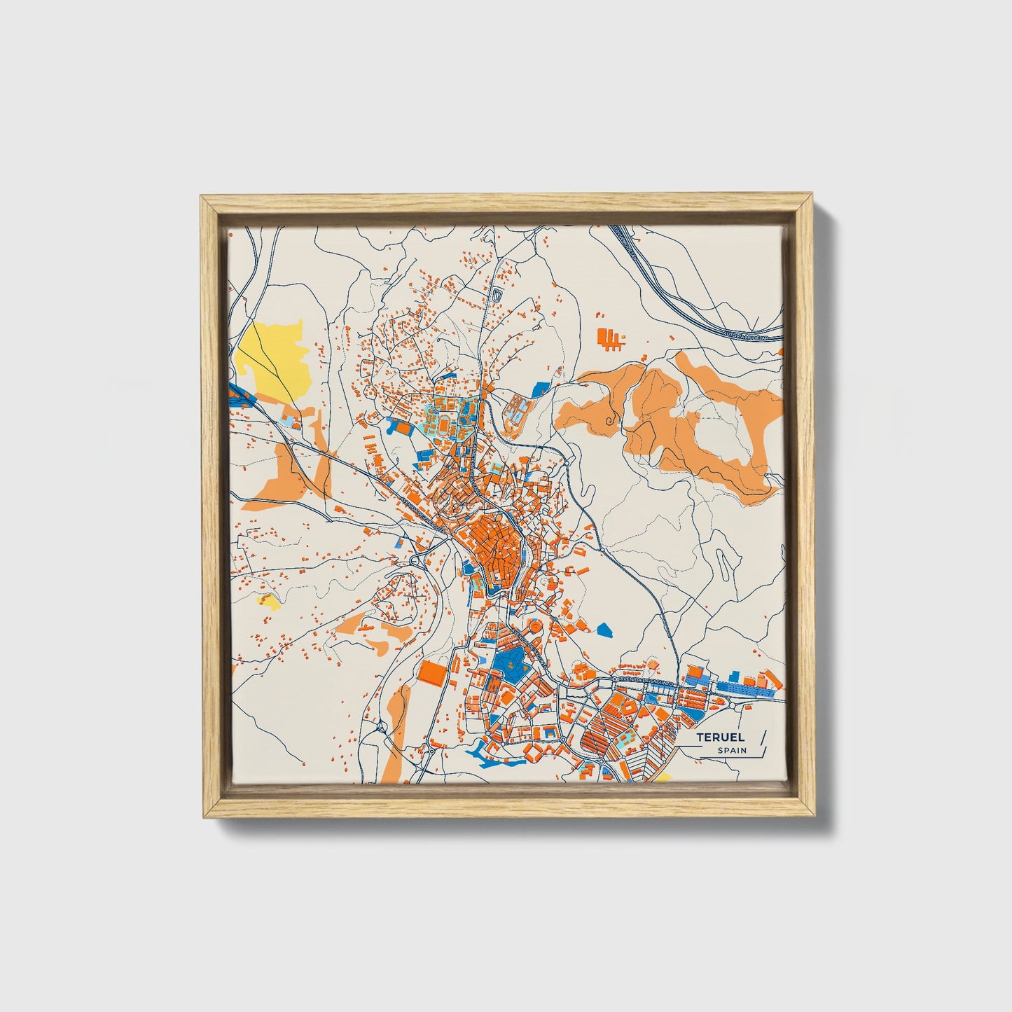 Teruel Spain Colorful City Map Canvas Print • Natural Wooden Framed