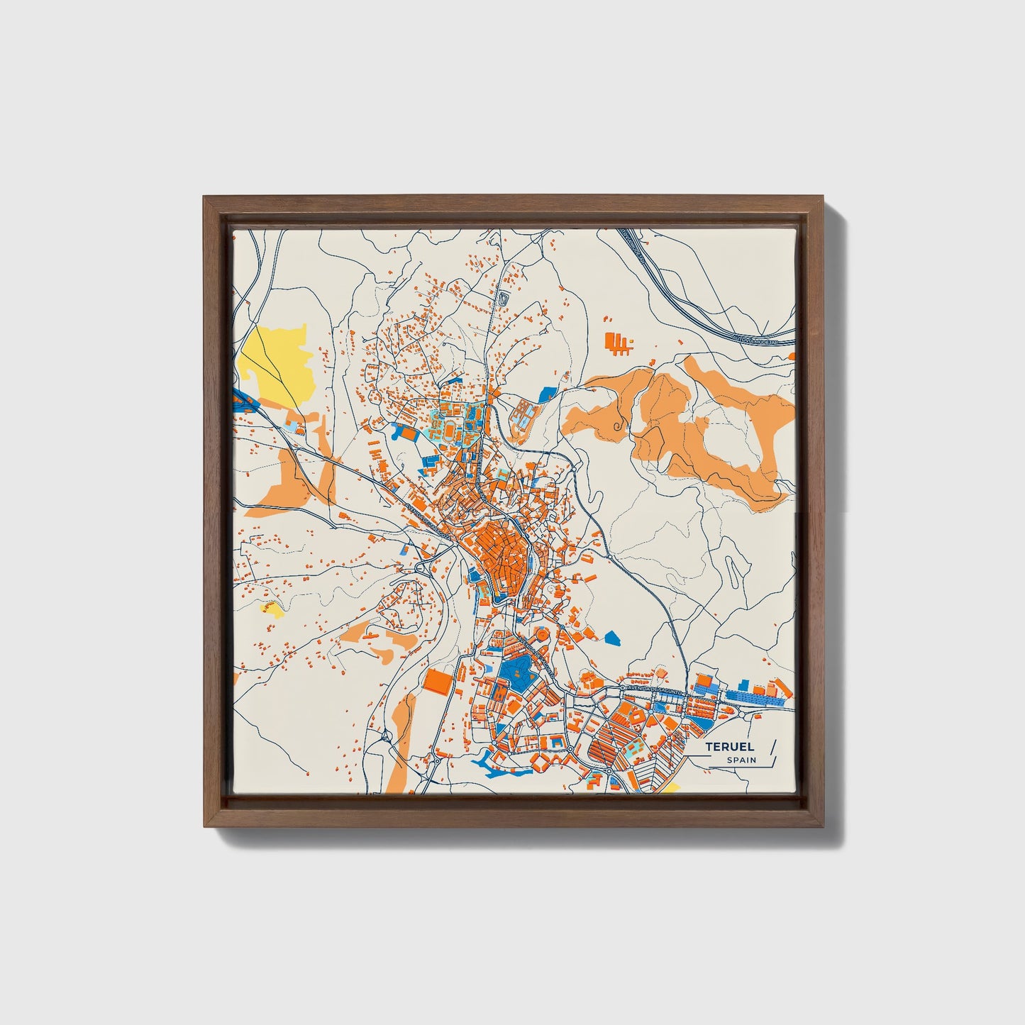 Teruel Spain Colorful City Map Canvas Print • Dark Wooden Framed