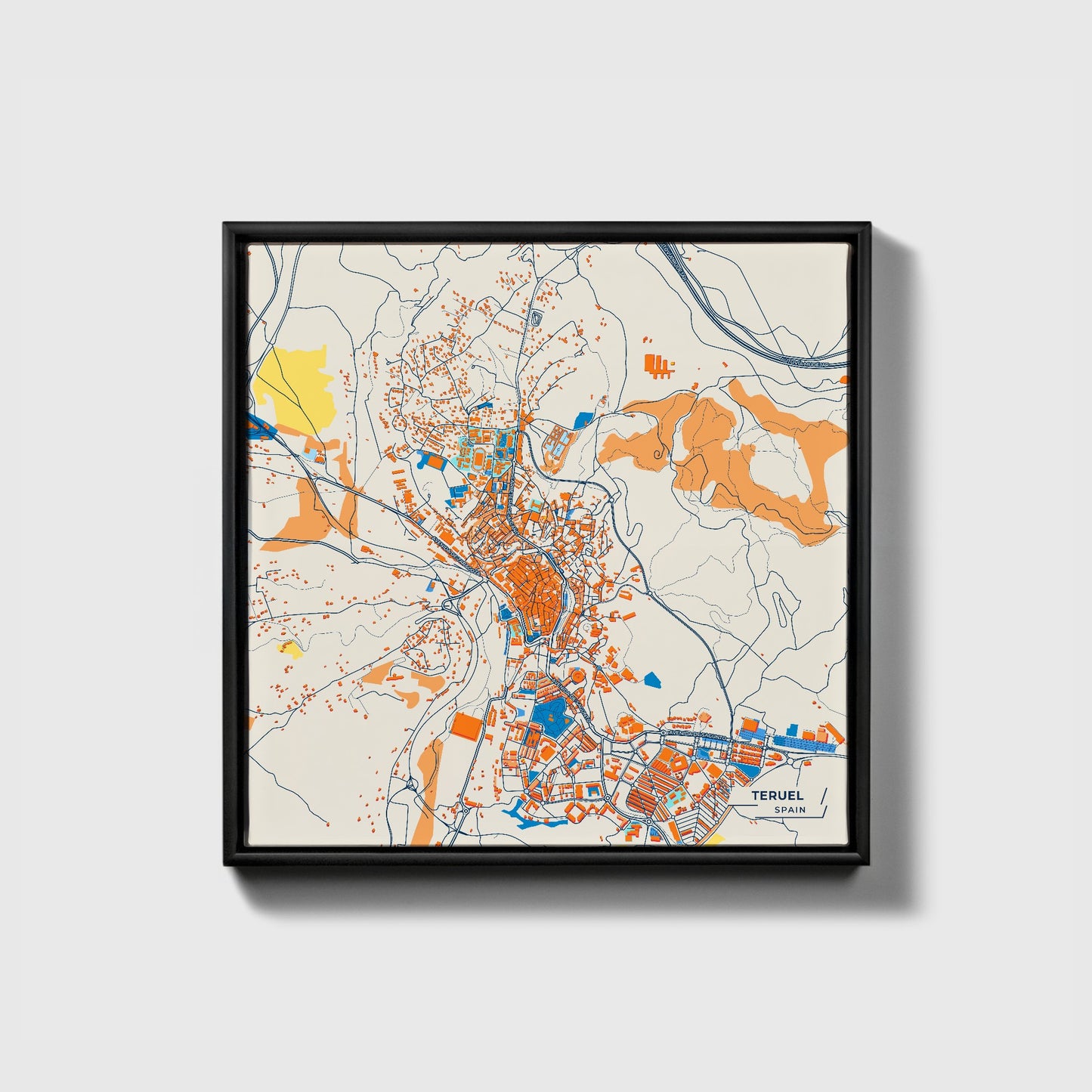 Teruel Spain Colorful City Map Canvas Print • Black Framed