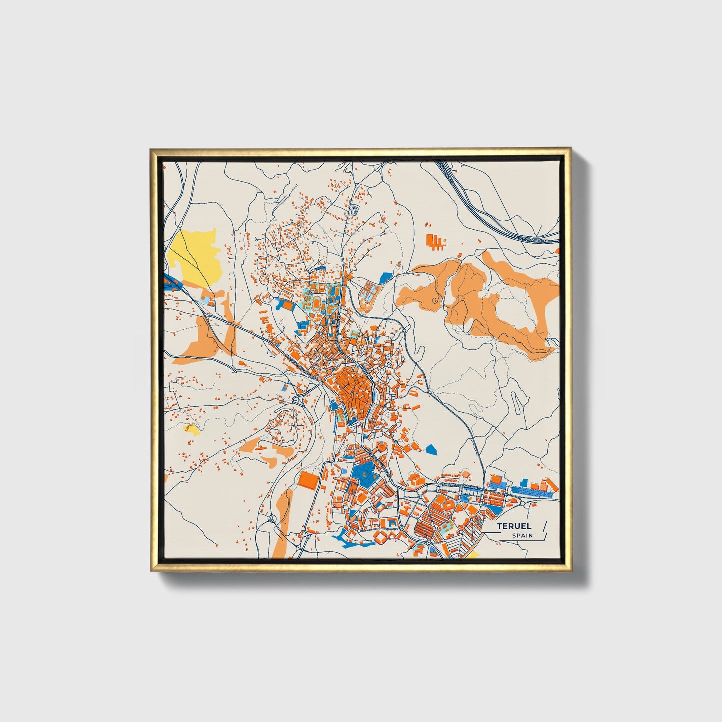Teruel Spain Colorful City Map Canvas Print • Gold Framed