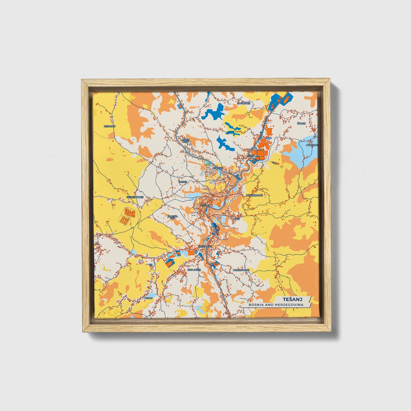 Tešanj Bosnia And Herzegovina Colorful City Map Canvas Print • Natural Wooden Framed