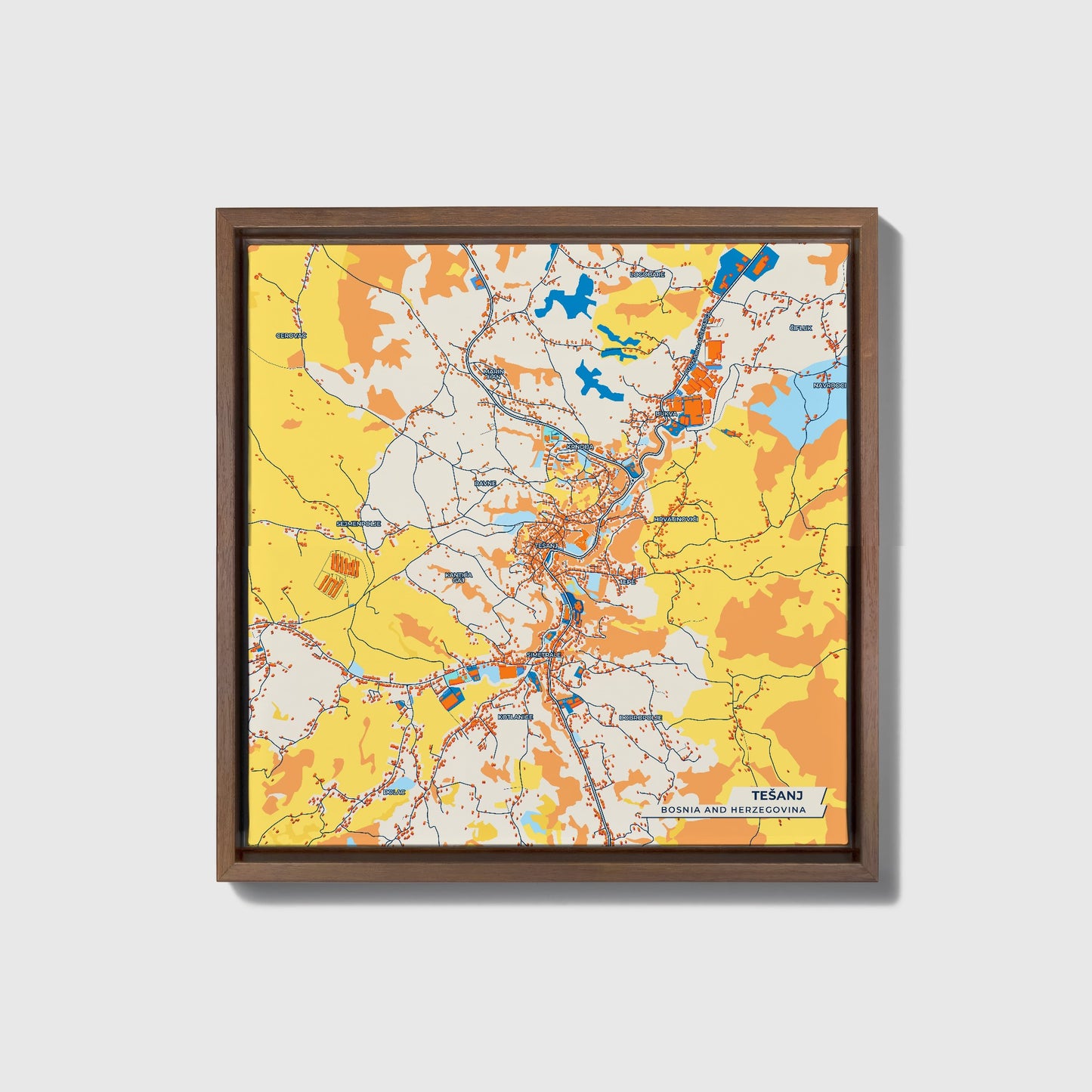 Tešanj Bosnia And Herzegovina Colorful City Map Canvas Print • Dark Wooden Framed