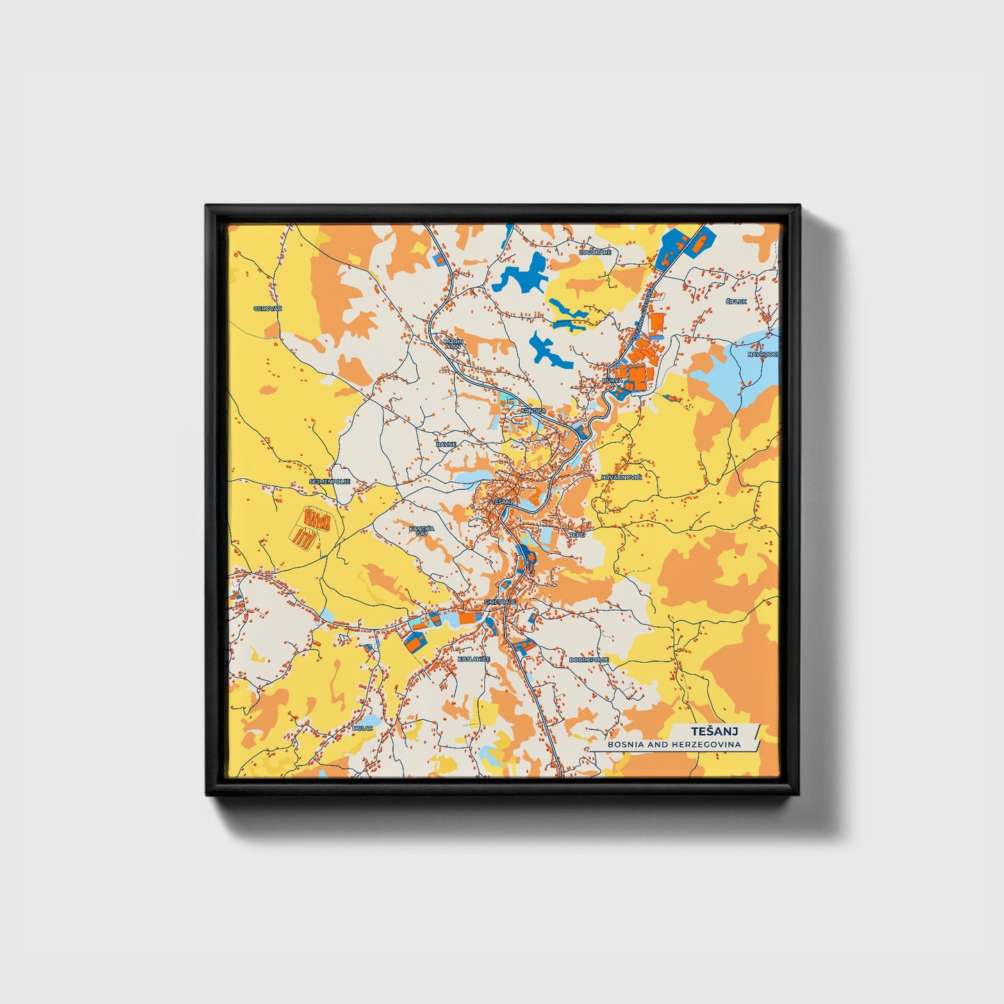 Tešanj Bosnia And Herzegovina Colorful City Map Canvas Print • Black Framed