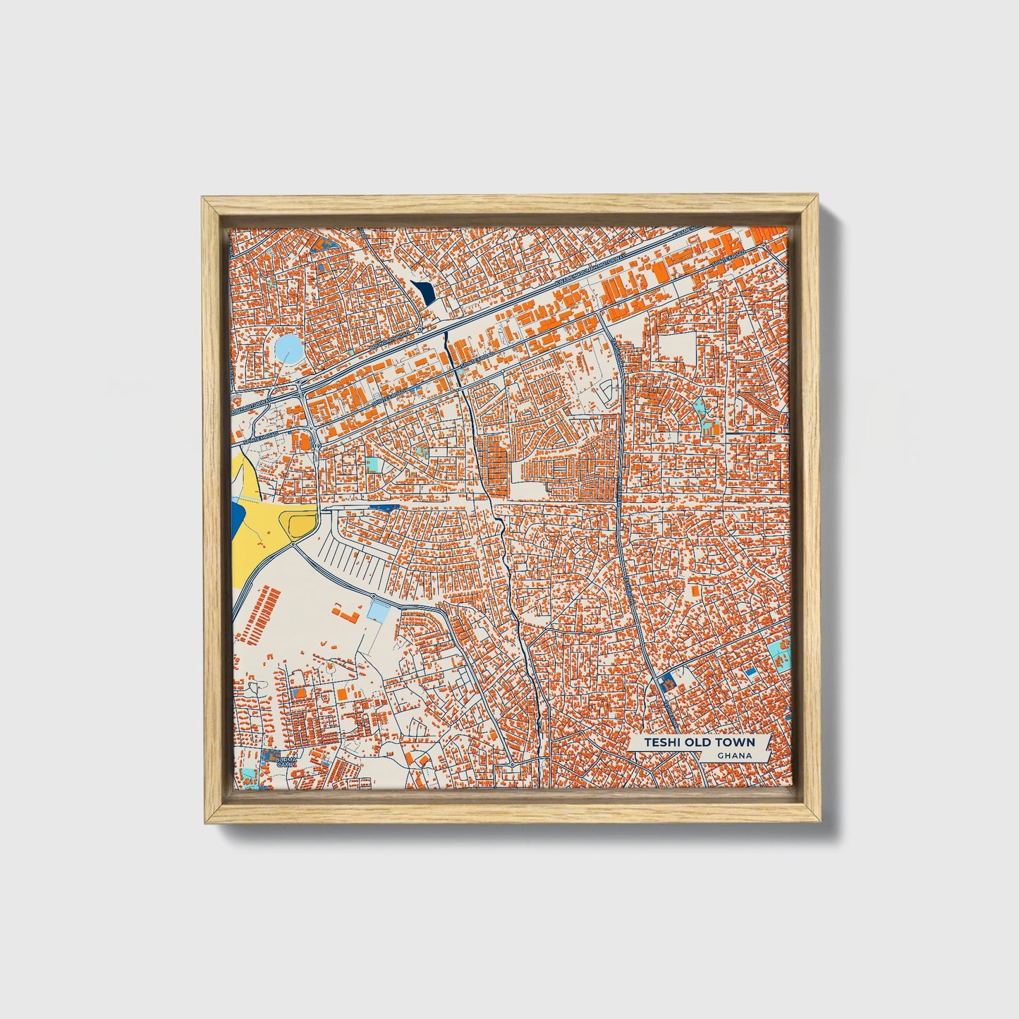 Teshi Old Town Ghana Colorful City Map Canvas Print • Natural Wooden Framed