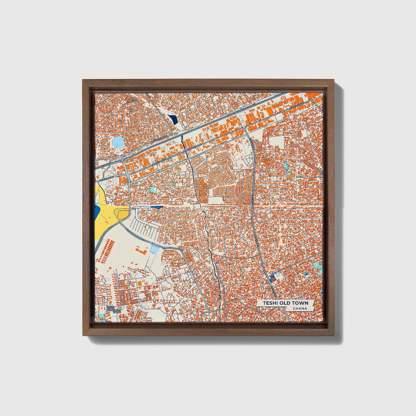 Teshi Old Town Ghana Colorful City Map Canvas Print • Dark Wooden Framed