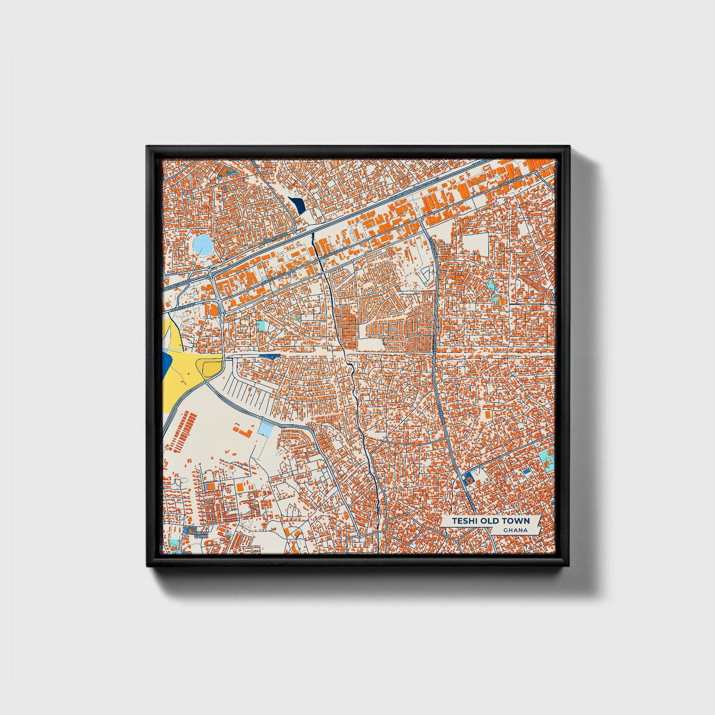 Teshi Old Town Ghana Colorful City Map Canvas Print • Black Framed