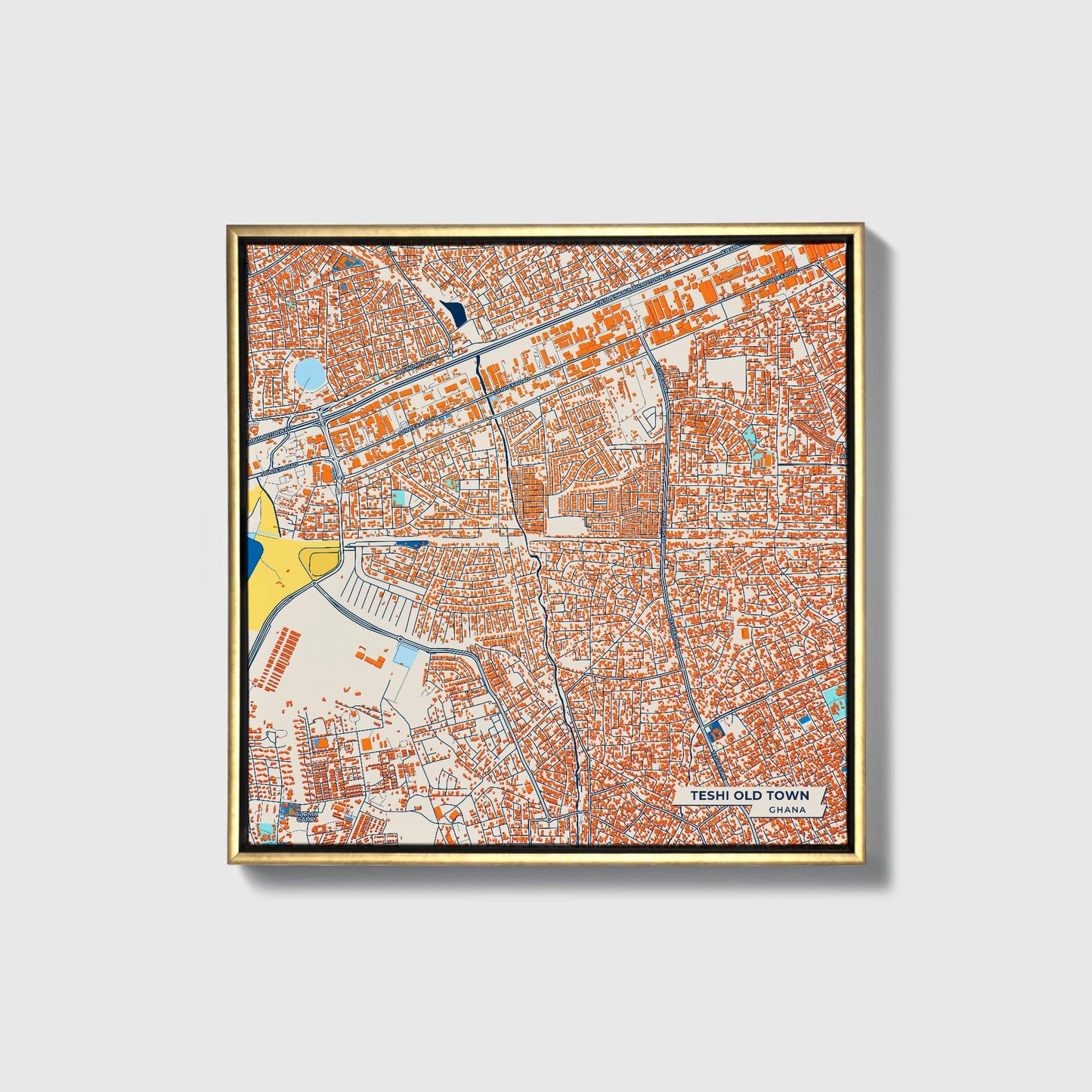 Teshi Old Town Ghana Colorful City Map Canvas Print • Gold Framed