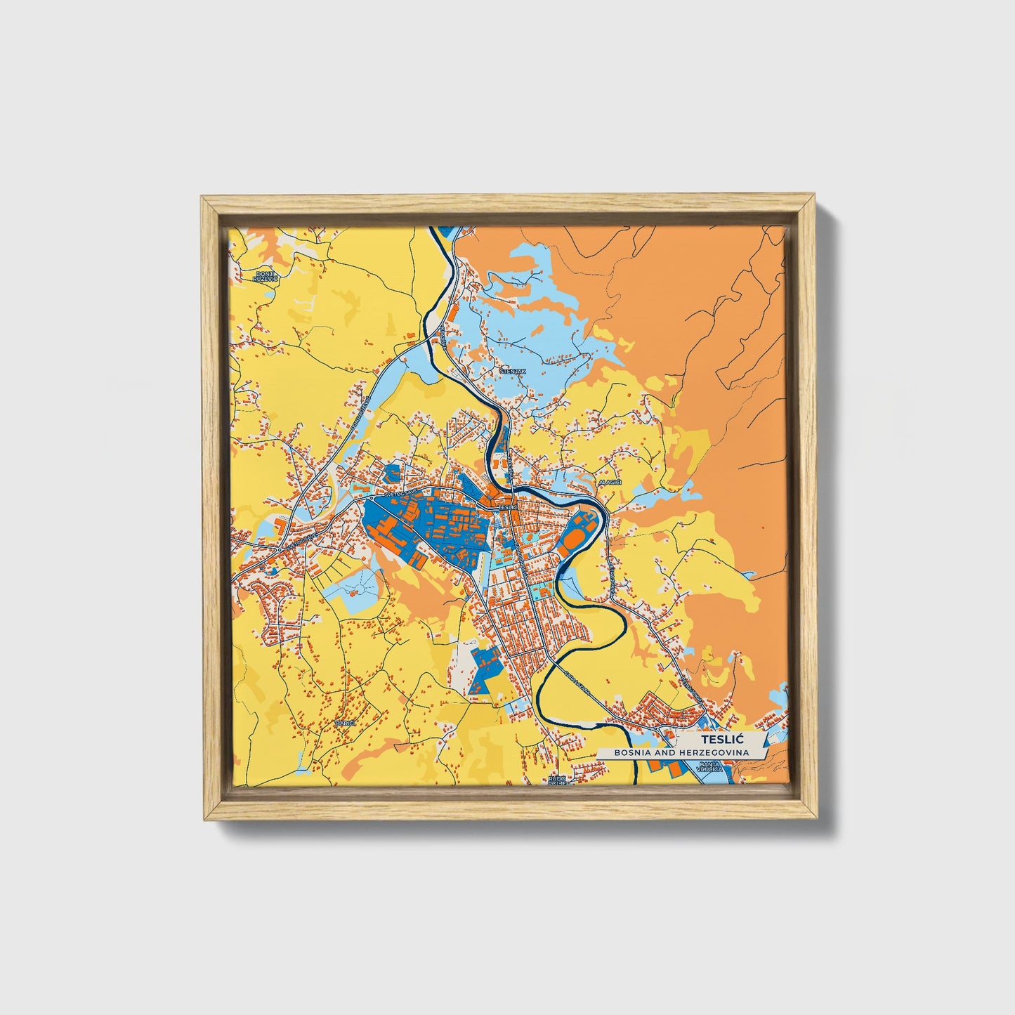 Teslić Bosnia And Herzegovina Colorful City Map Canvas Print • Natural Wooden Framed