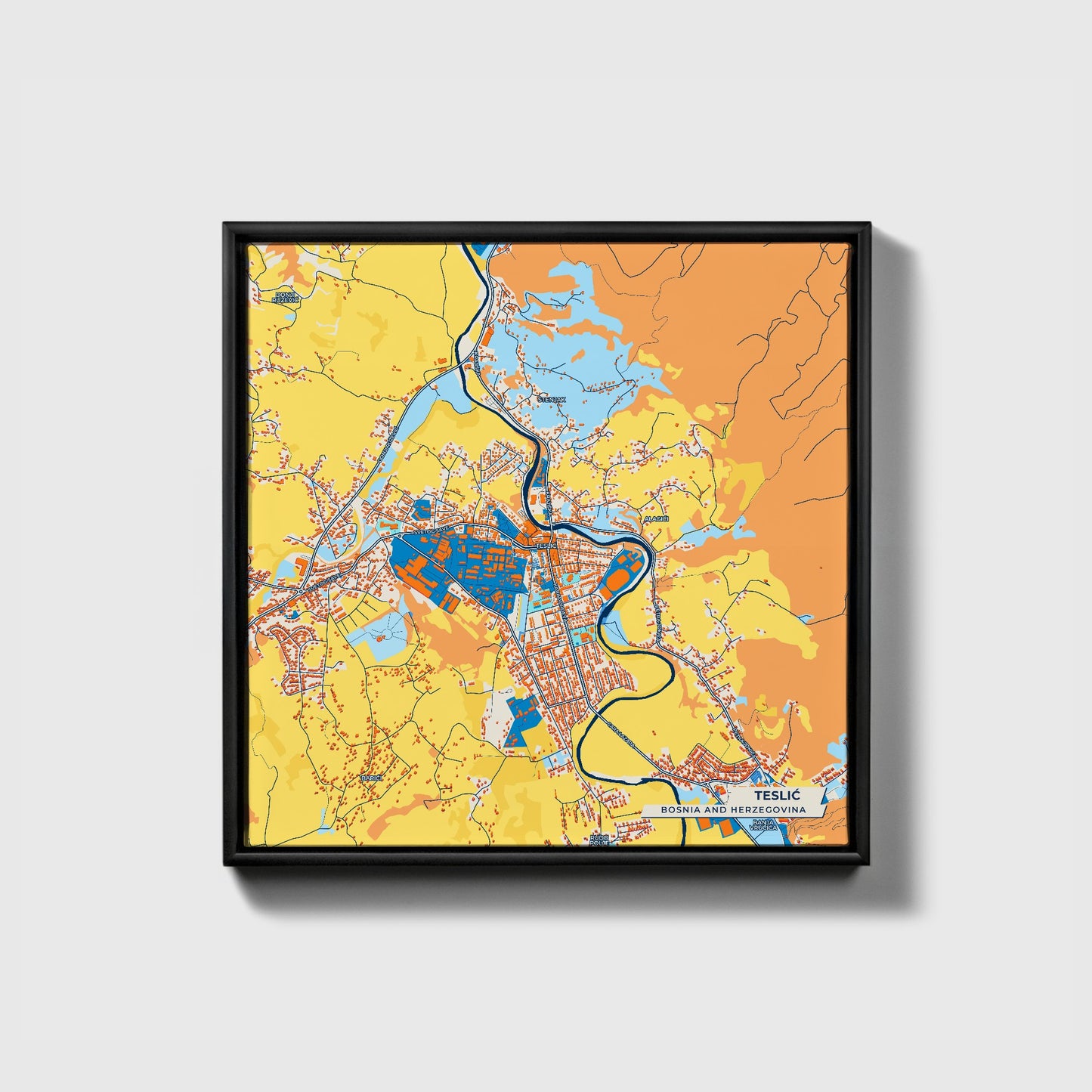 Teslić Bosnia And Herzegovina Colorful City Map Canvas Print • Black Framed
