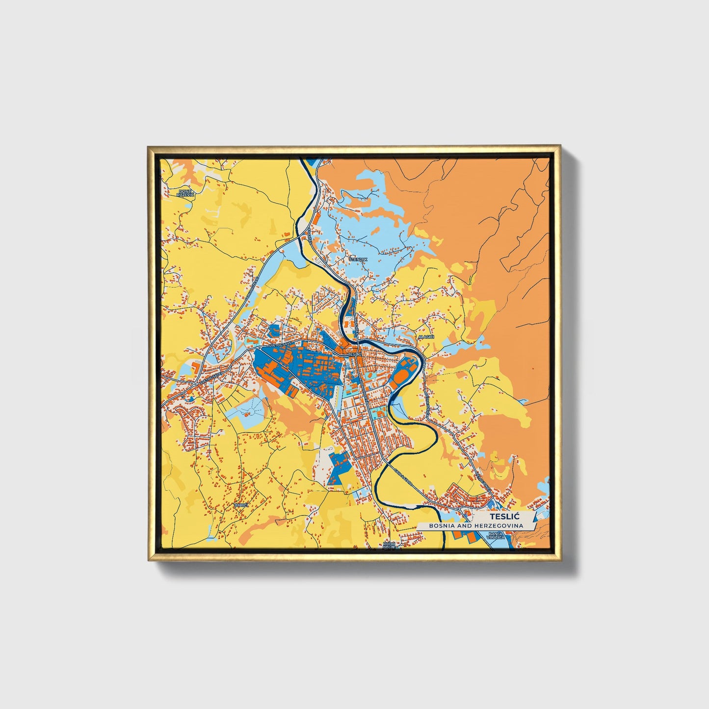Teslić Bosnia And Herzegovina Colorful City Map Canvas Print • Gold Framed