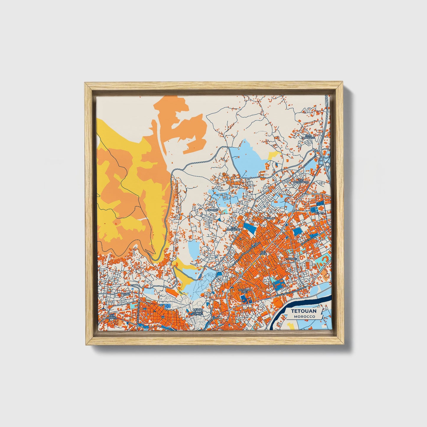 Tetouan Morocco Colorful City Map Canvas Print • Natural Wooden Framed
