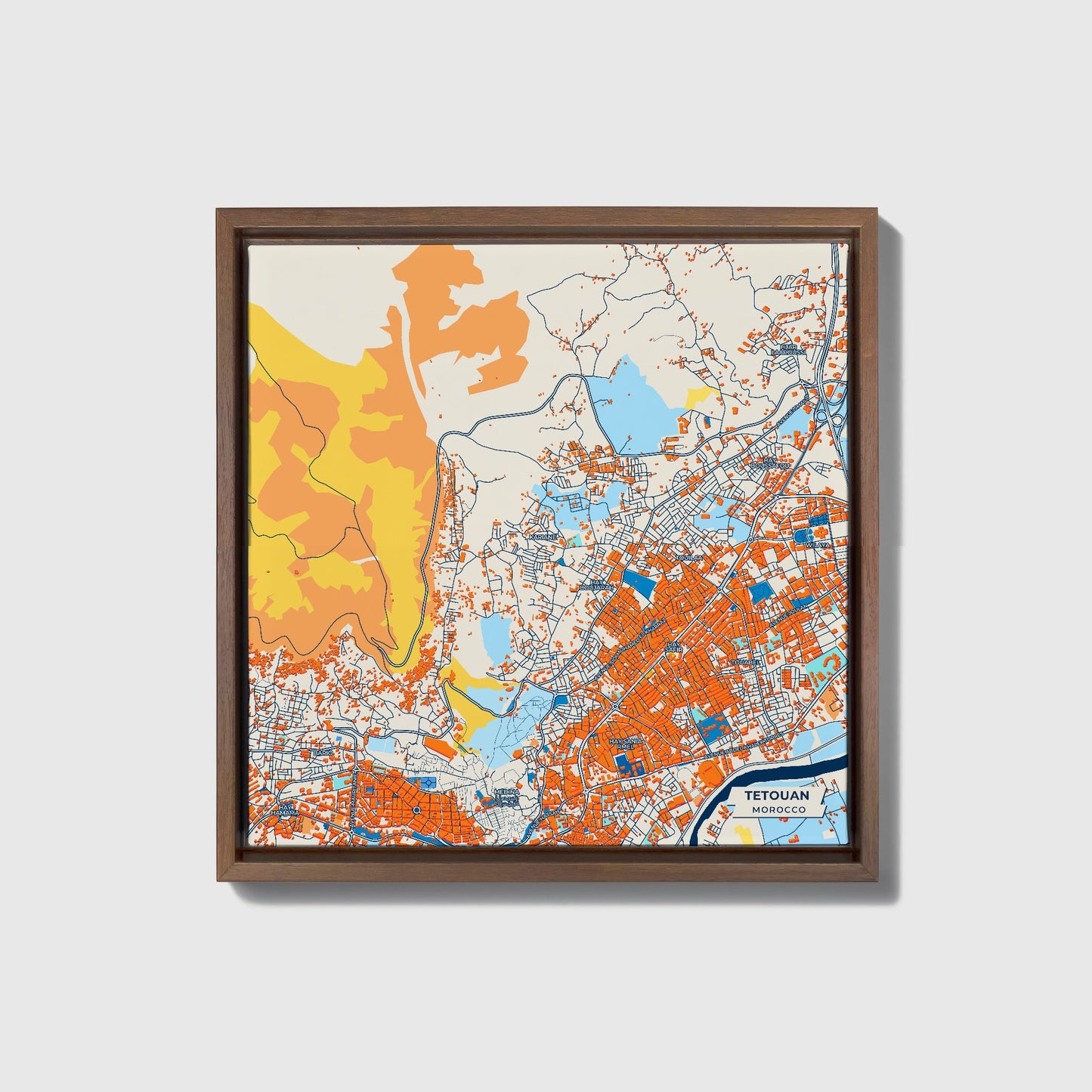 Tetouan Morocco Colorful City Map Canvas Print • Dark Wooden Framed