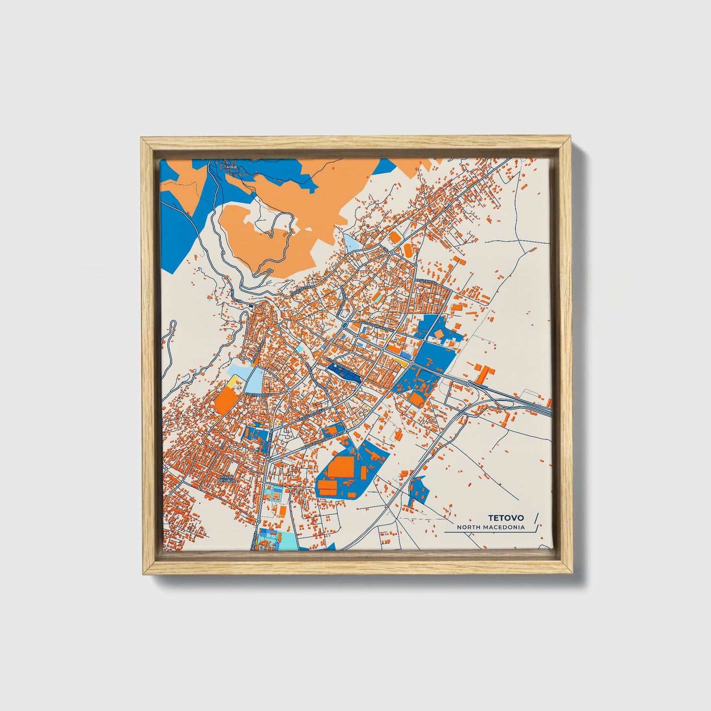 Tetovo North Macedonia Colorful City Map Canvas Print • Natural Wooden Framed