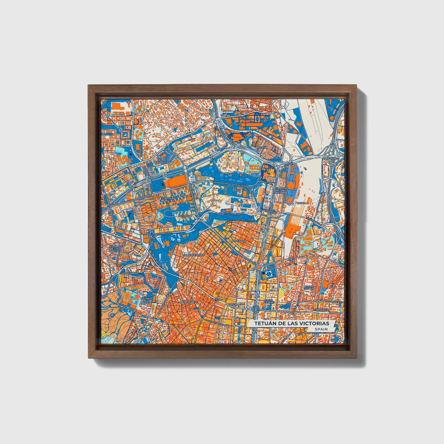 Tetuán De Las Victorias Spain Colorful City Map Canvas Print • Dark Wooden Framed