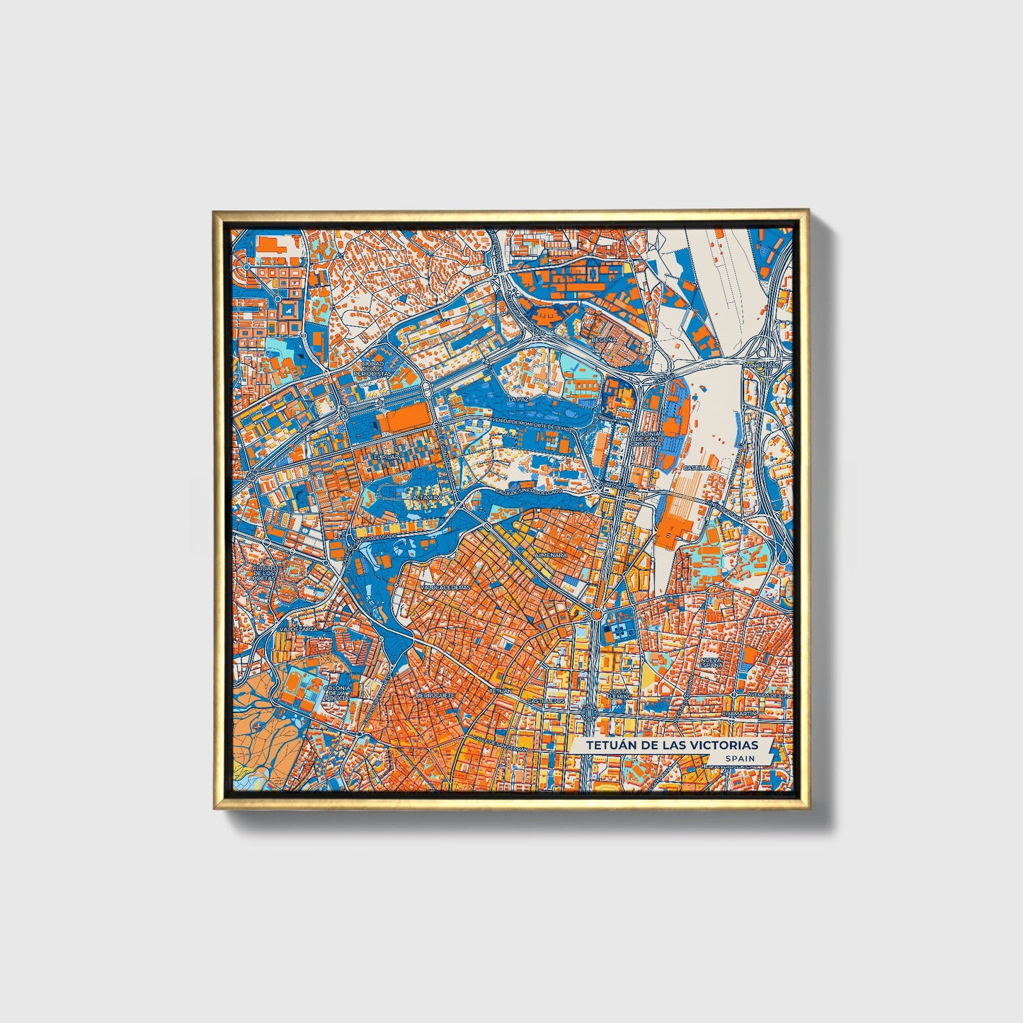 Tetuán De Las Victorias Spain Colorful City Map Canvas Print • Gold Framed