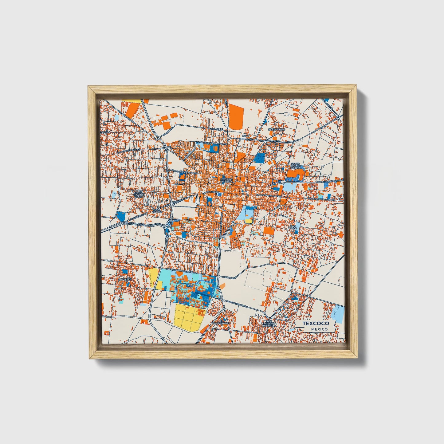 Texcoco Mexico Colorful City Map Canvas Print • Natural Wooden Framed