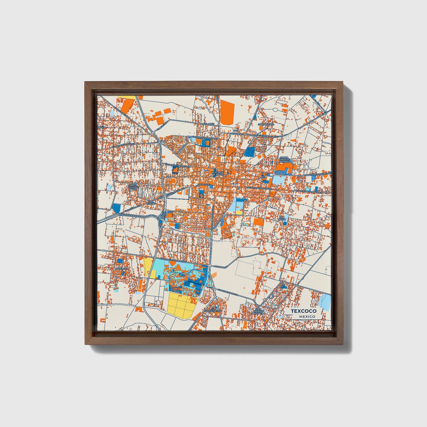 Texcoco Mexico Colorful City Map Canvas Print • Dark Wooden Framed