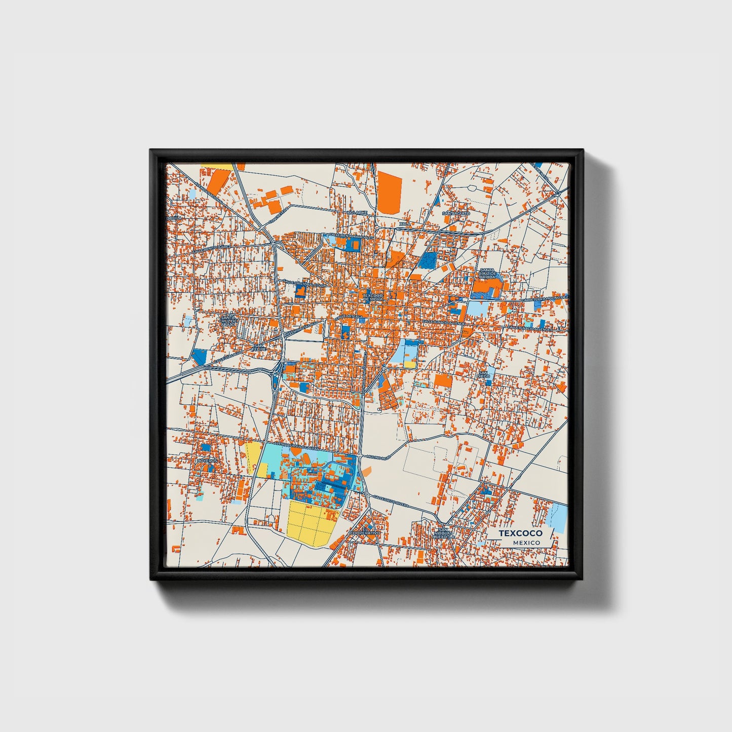 Texcoco Mexico Colorful City Map Canvas Print • Black Framed