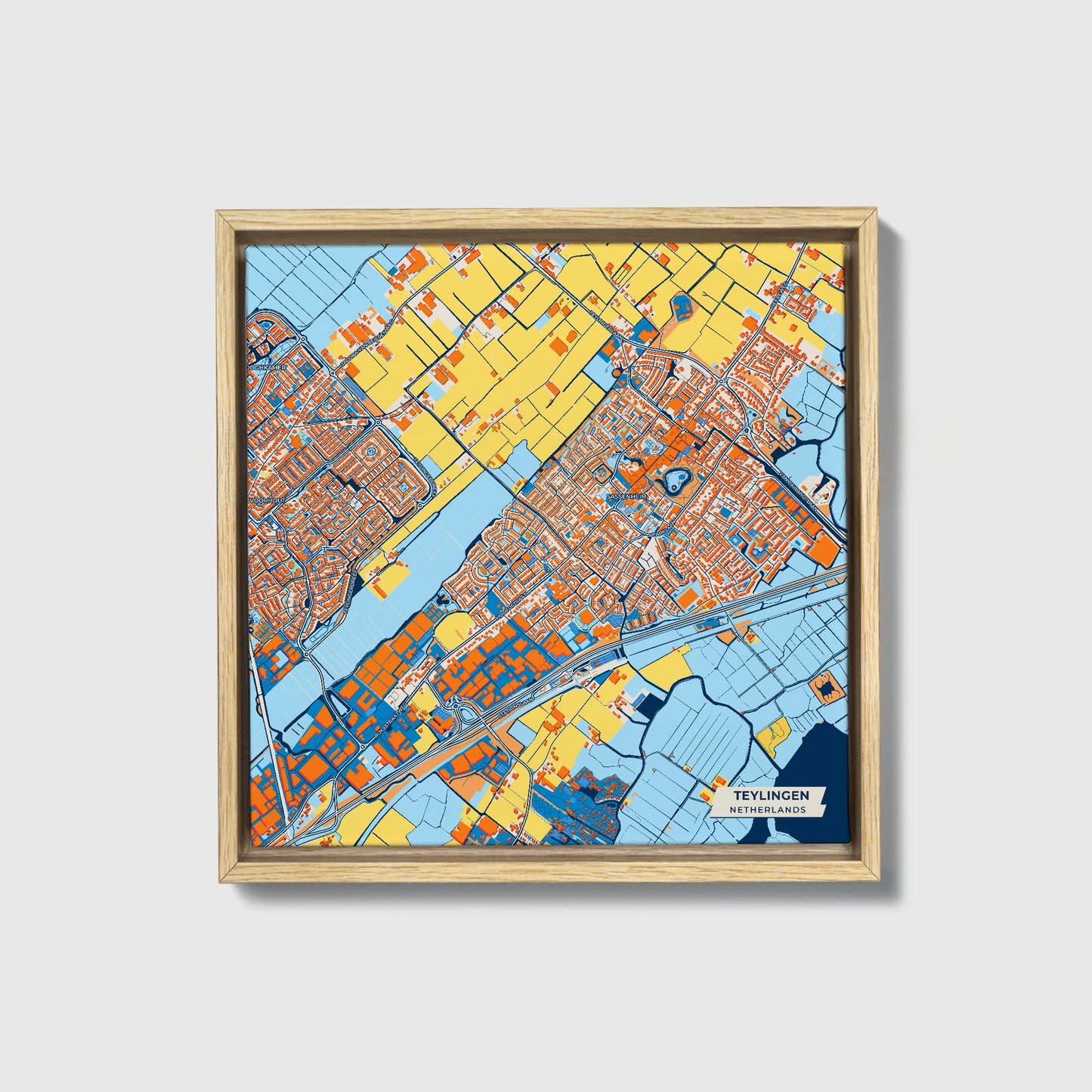 Teylingen Netherlands Colorful City Map Canvas Print • Natural Wooden Framed