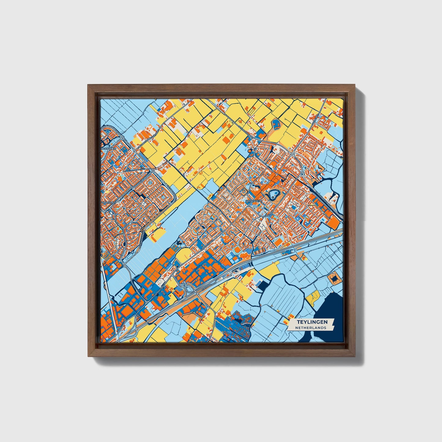 Teylingen Netherlands Colorful City Map Canvas Print • Dark Wooden Framed