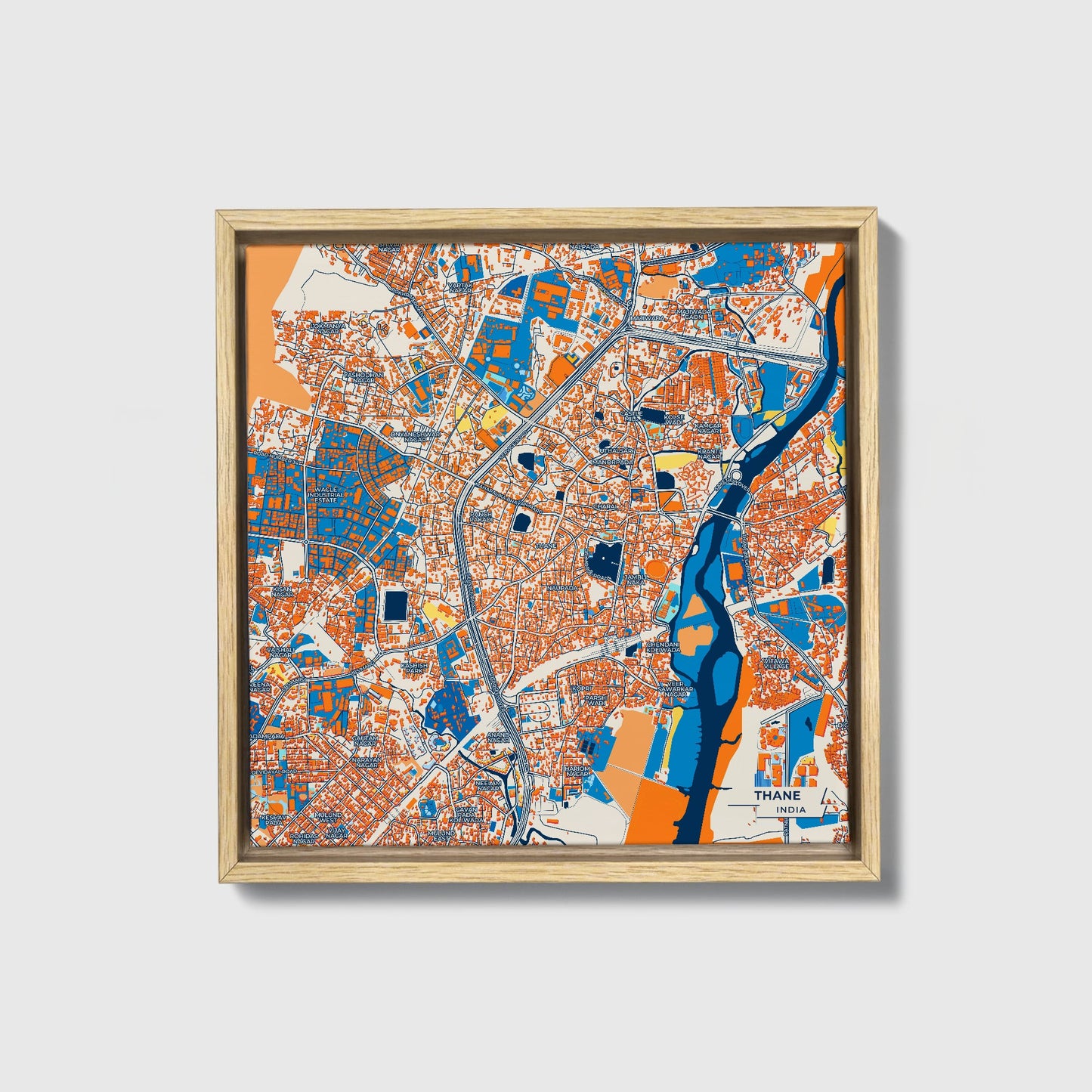 Thane India Colorful City Map Canvas Print • Natural Wooden Framed