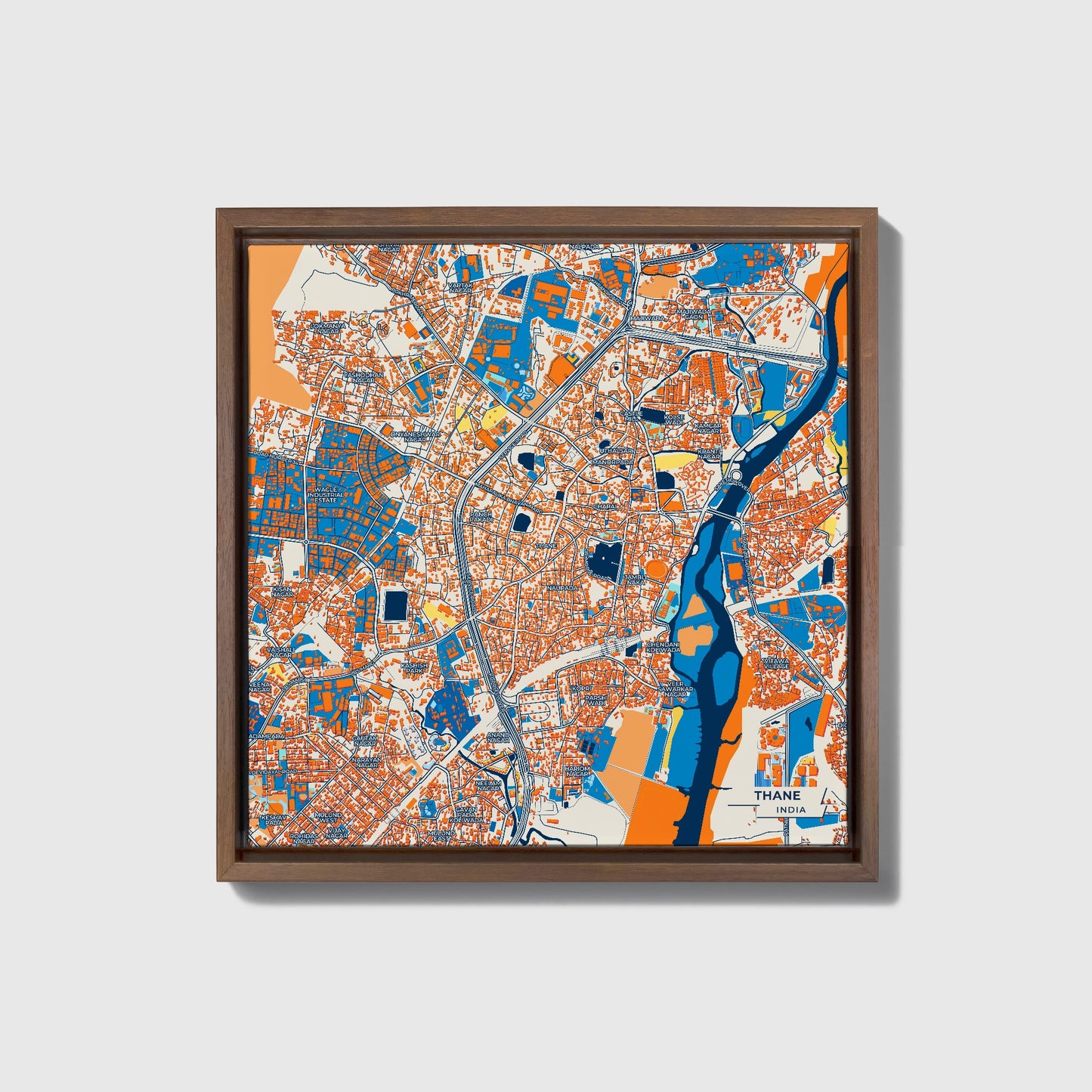 Thane India Colorful City Map Canvas Print • Dark Wooden Framed