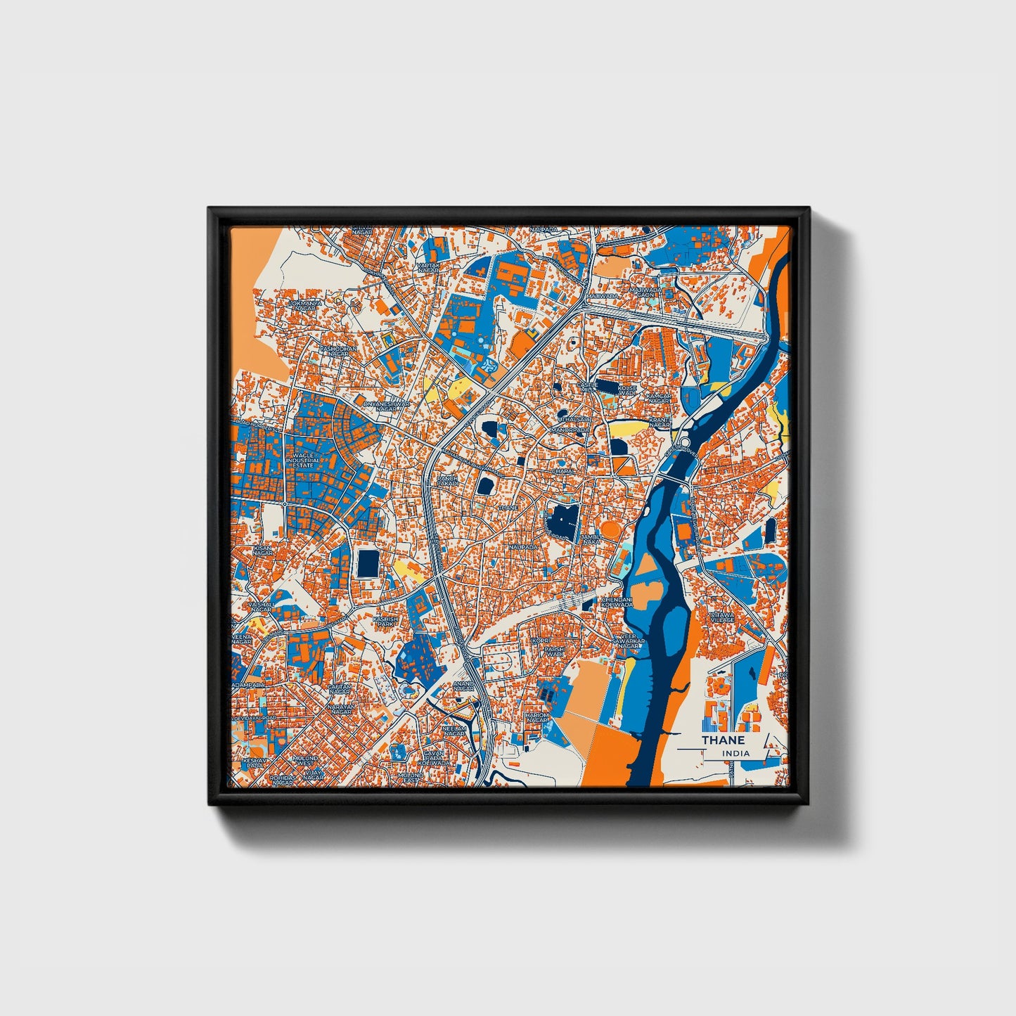 Thane India Colorful City Map Canvas Print • Black Framed