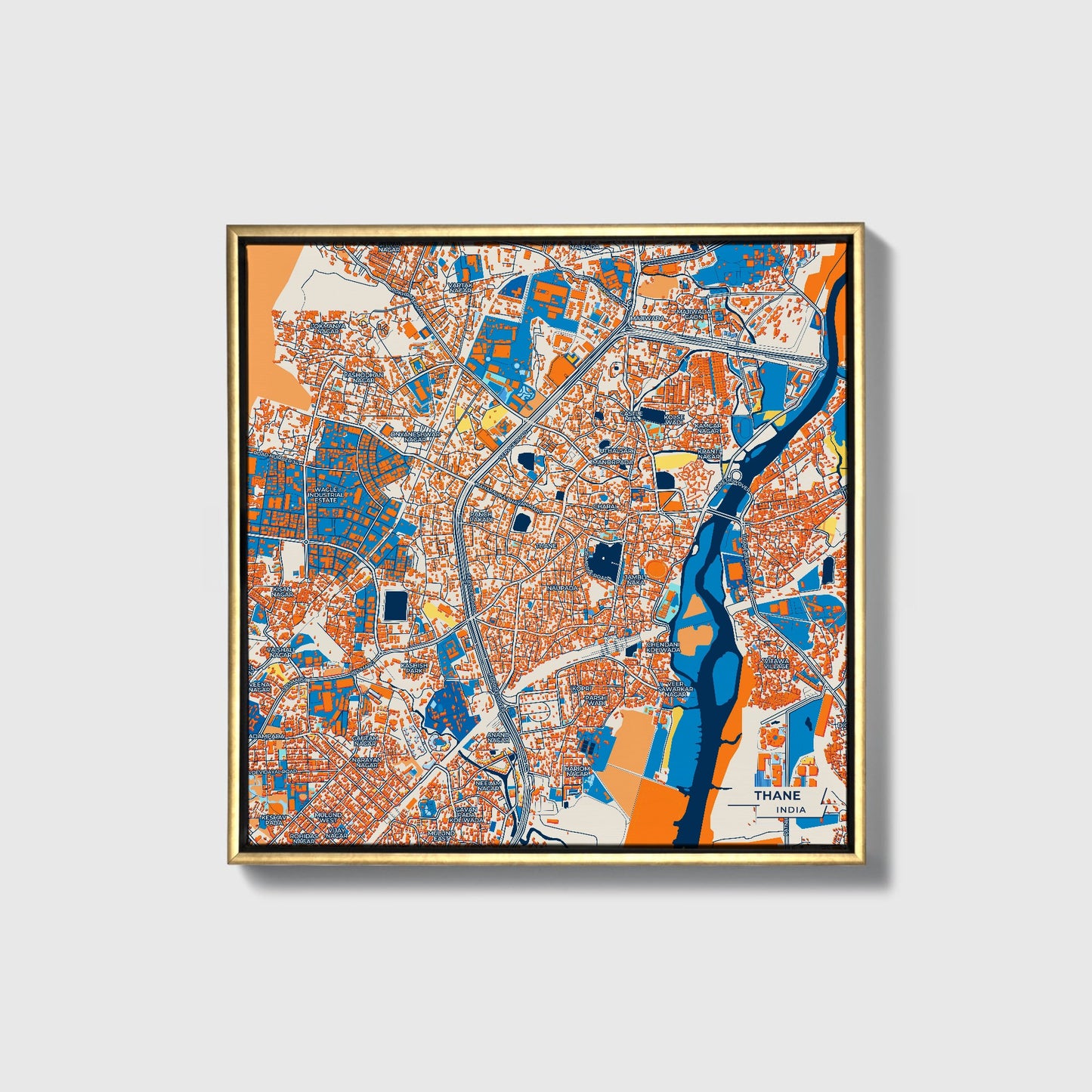 Thane India Colorful City Map Canvas Print • Gold Framed