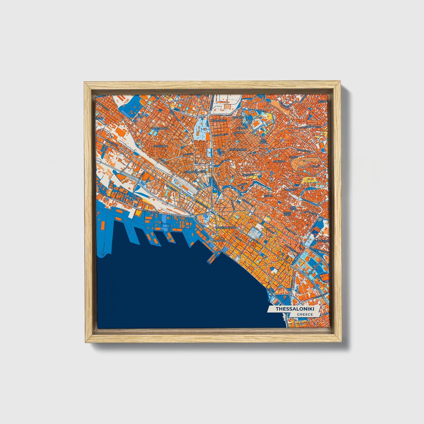 Θεσσαλονικη Greece Colorful City Map Canvas Print • Natural Wooden Framed