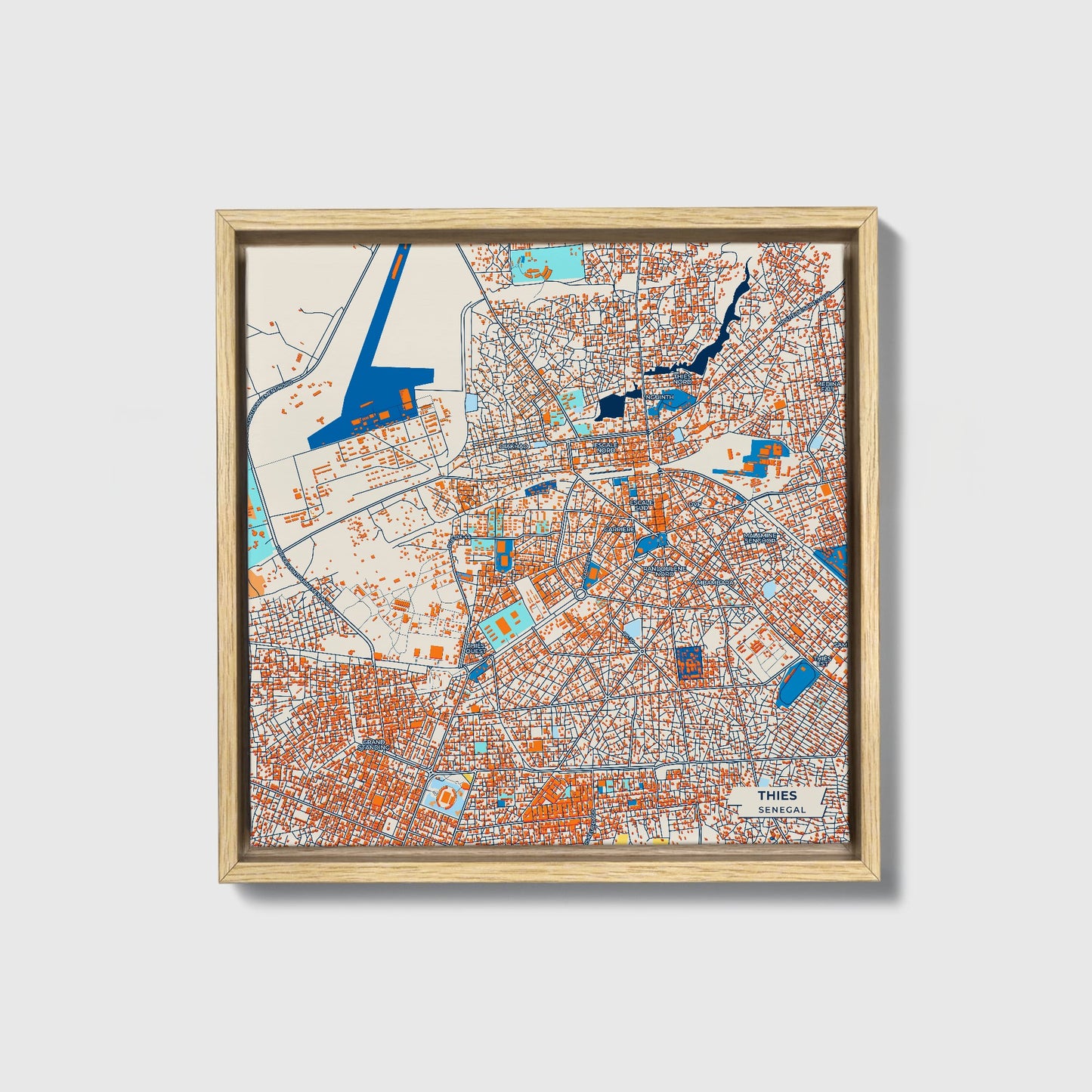 Thies Senegal Colorful City Map Canvas Print • Natural Wooden Framed