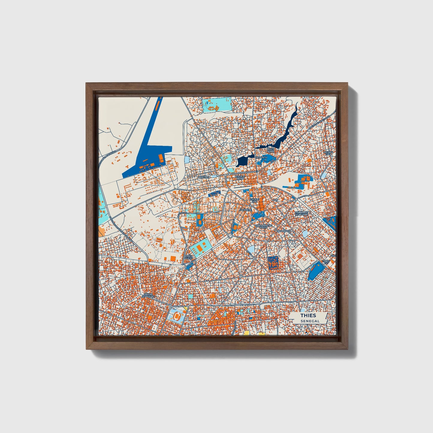 Thies Senegal Colorful City Map Canvas Print • Dark Wooden Framed