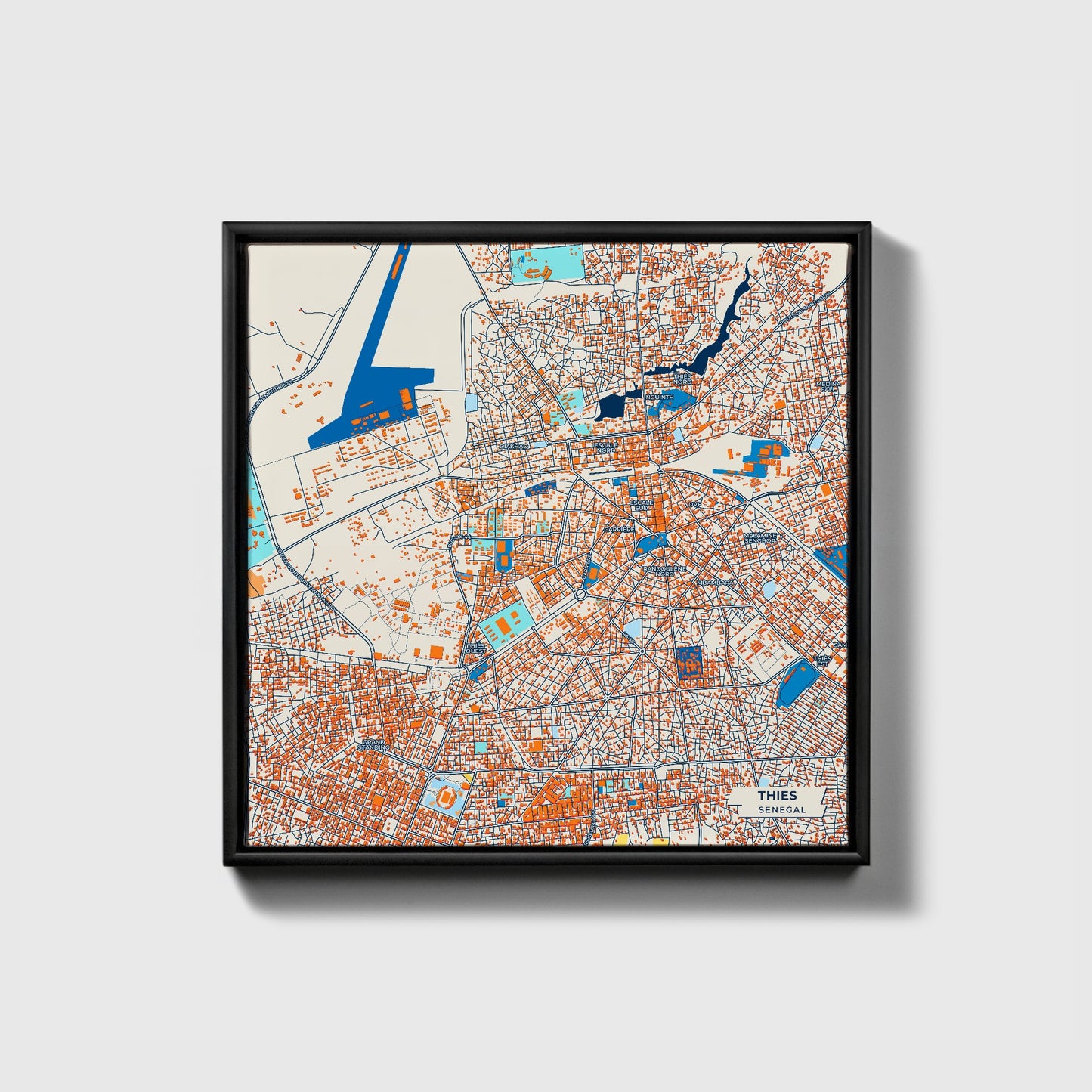 Thies Senegal Colorful City Map Canvas Print • Black Framed