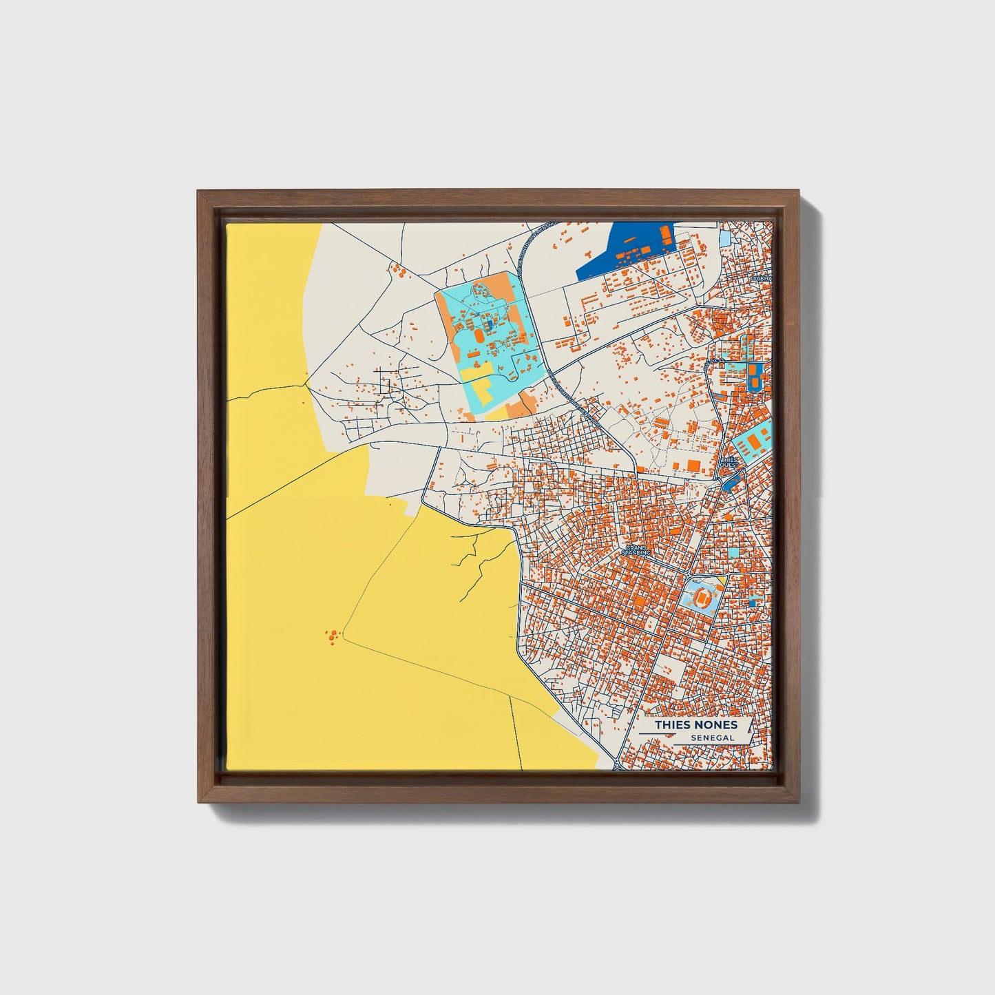 Thies Nones Senegal Colorful City Map Canvas Print • Dark Wooden Framed