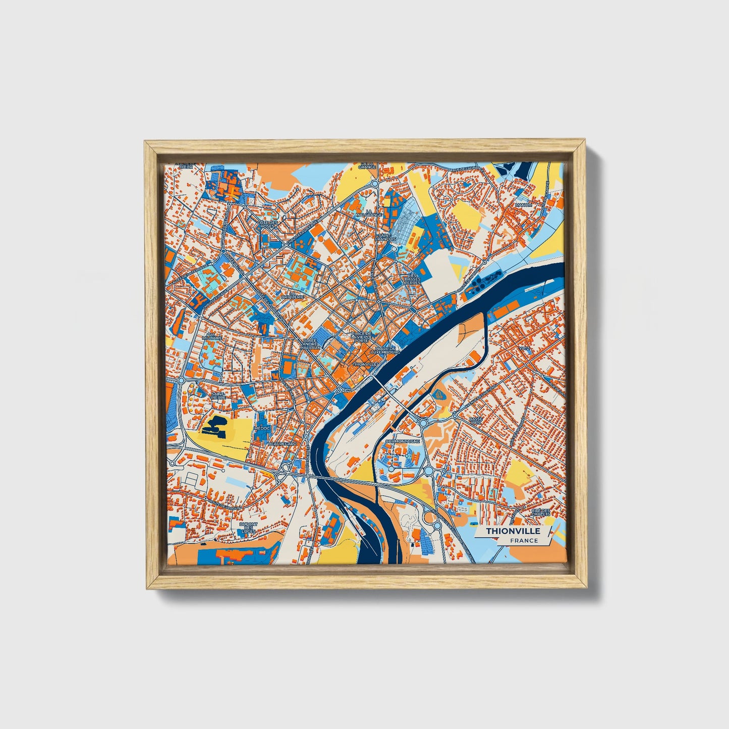 Thionville France Colorful City Map Canvas Print • Natural Wooden Framed