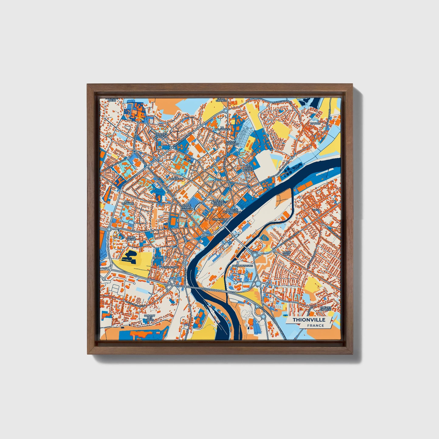 Thionville France Colorful City Map Canvas Print • Dark Wooden Framed
