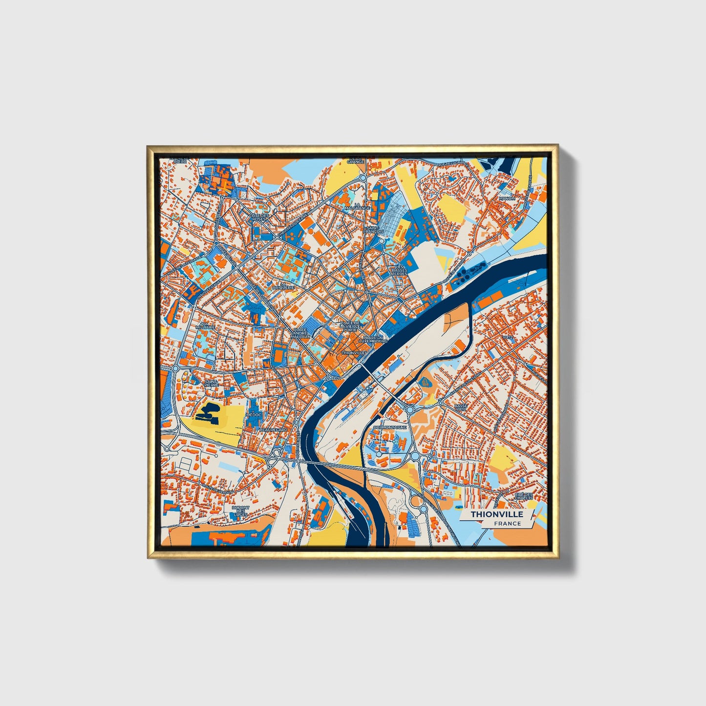 Thionville France Colorful City Map Canvas Print • Gold Framed