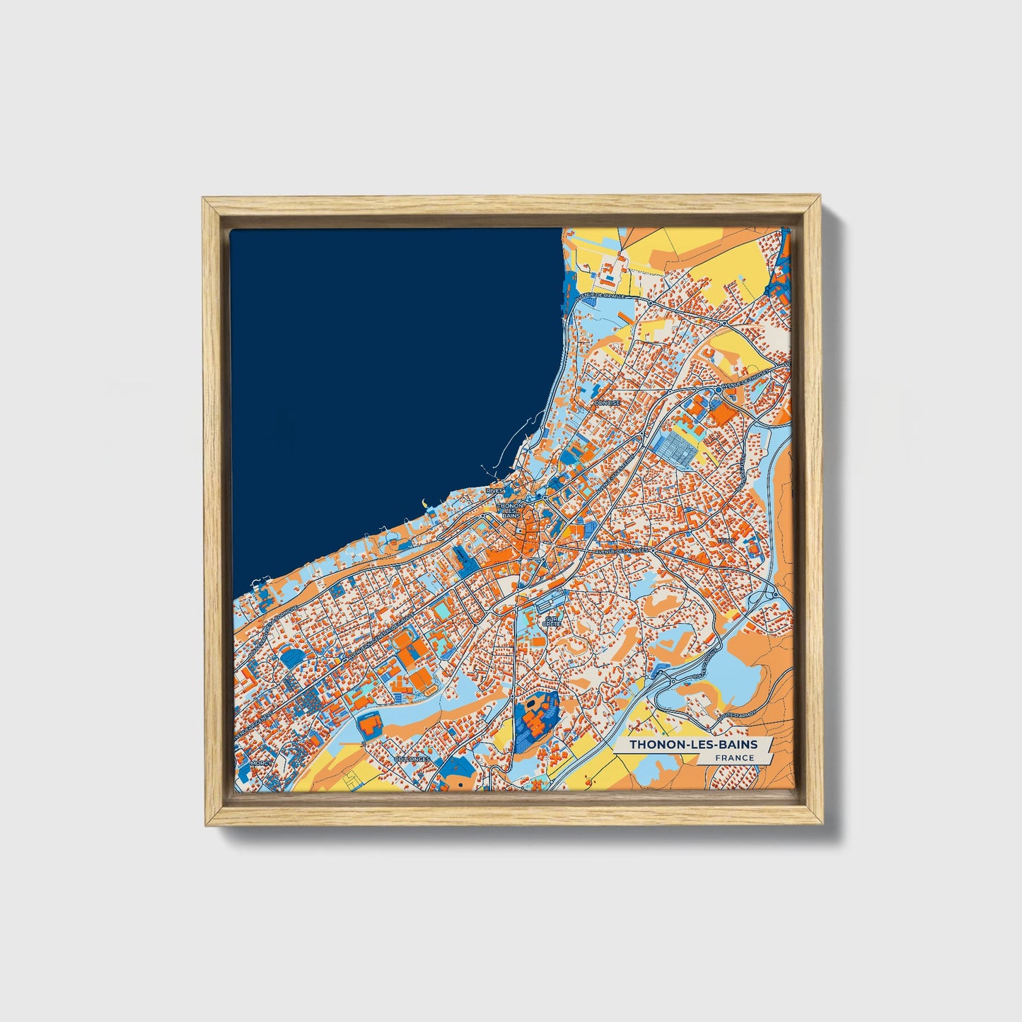 Thonon-Les-Bains France Colorful City Map Canvas Print • Natural Wooden Framed