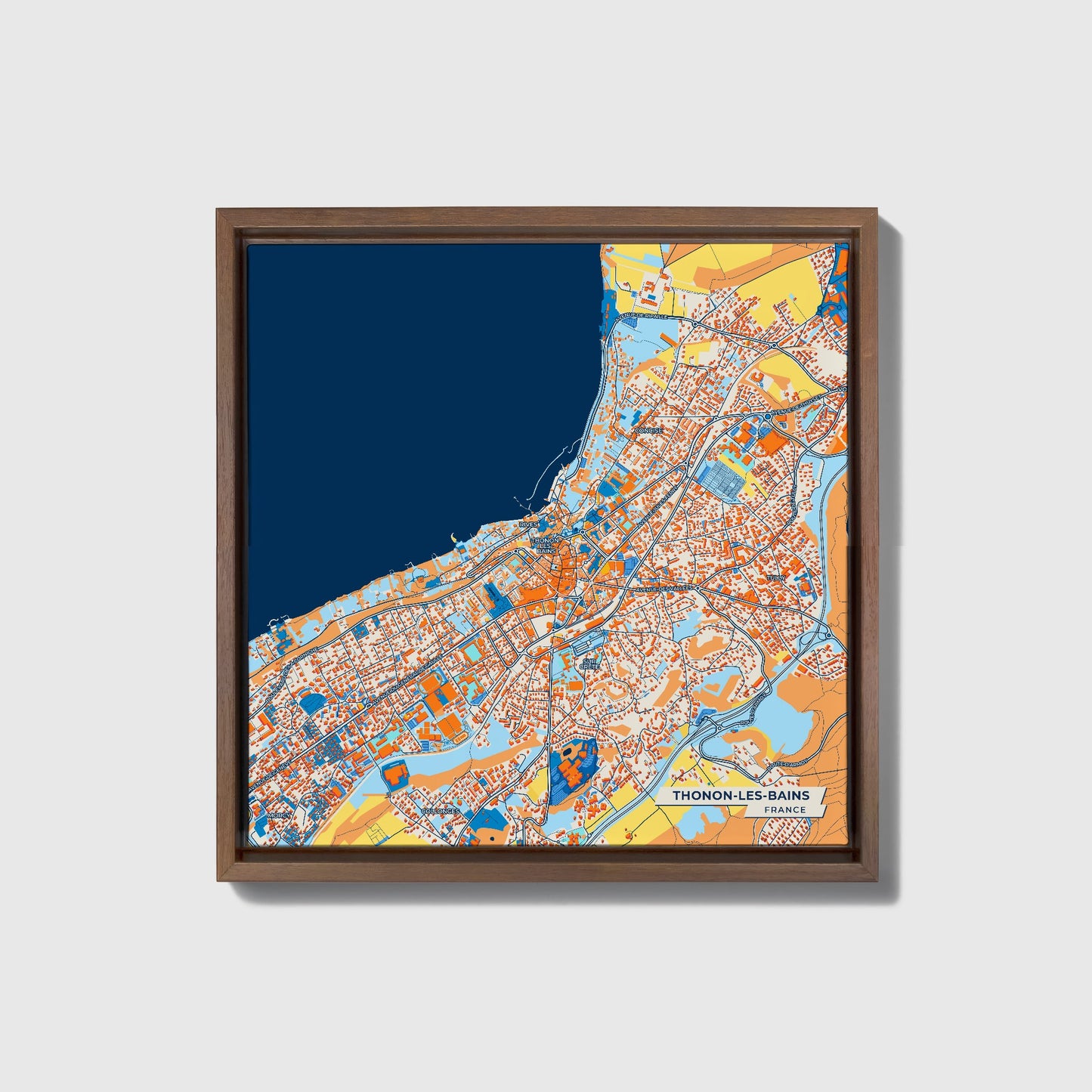 Thonon-Les-Bains France Colorful City Map Canvas Print • Dark Wooden Framed