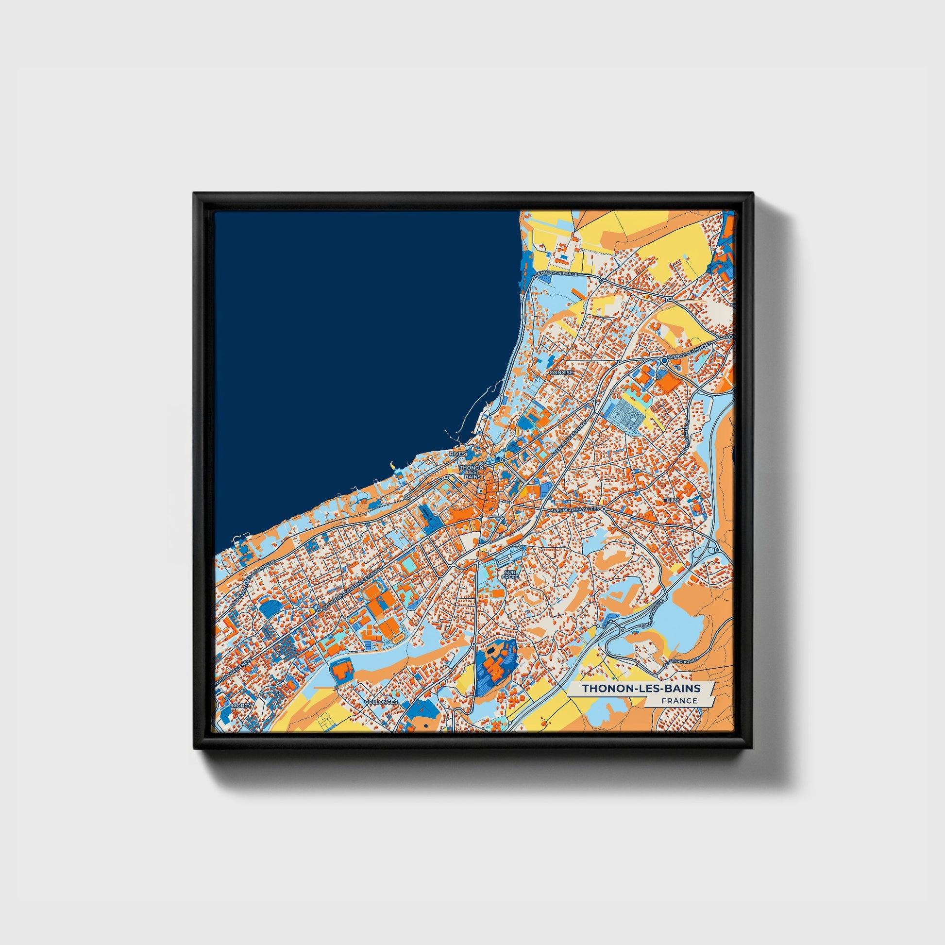 Thonon-Les-Bains France Colorful City Map Canvas Print • Black Framed
