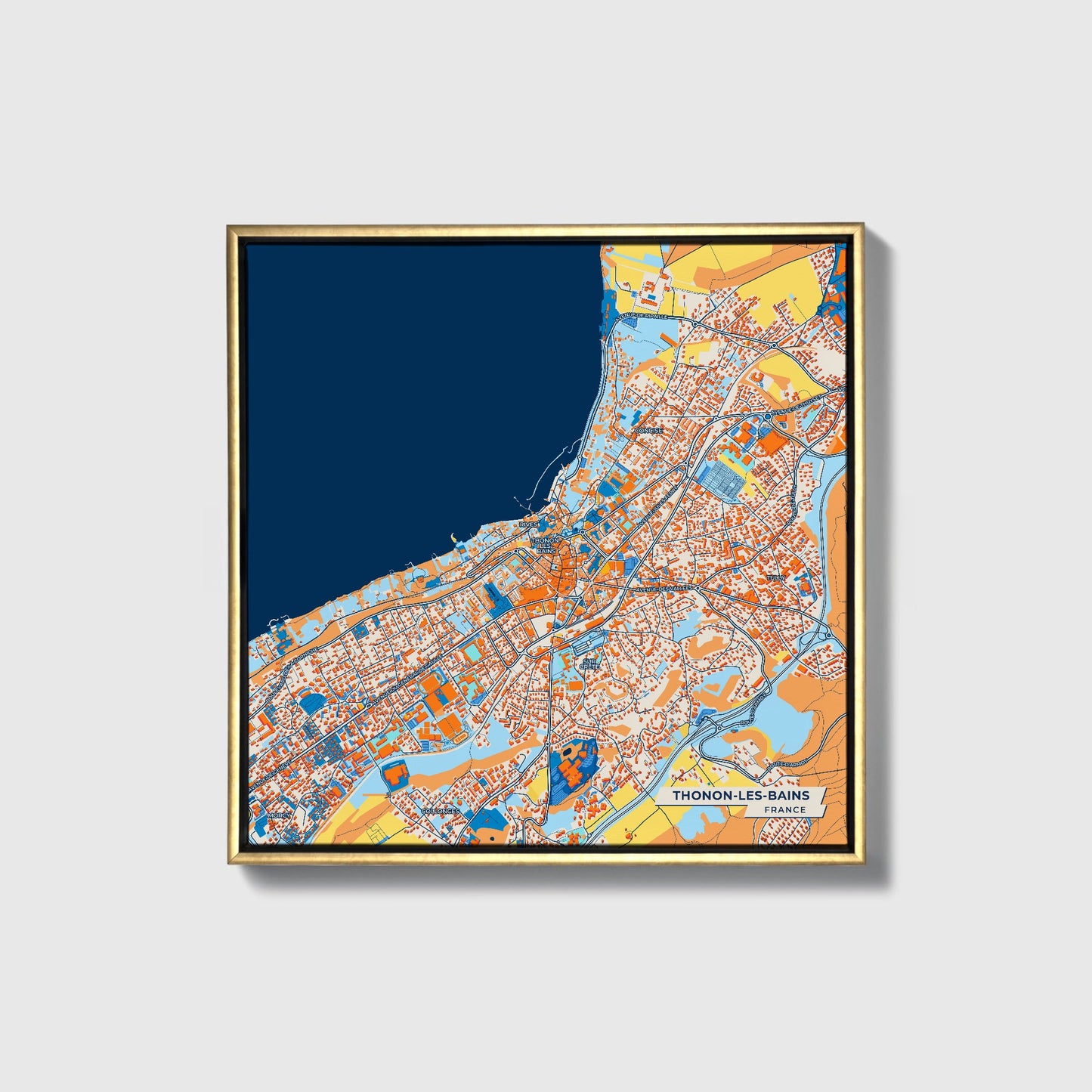 Thonon-Les-Bains France Colorful City Map Canvas Print • Gold Framed