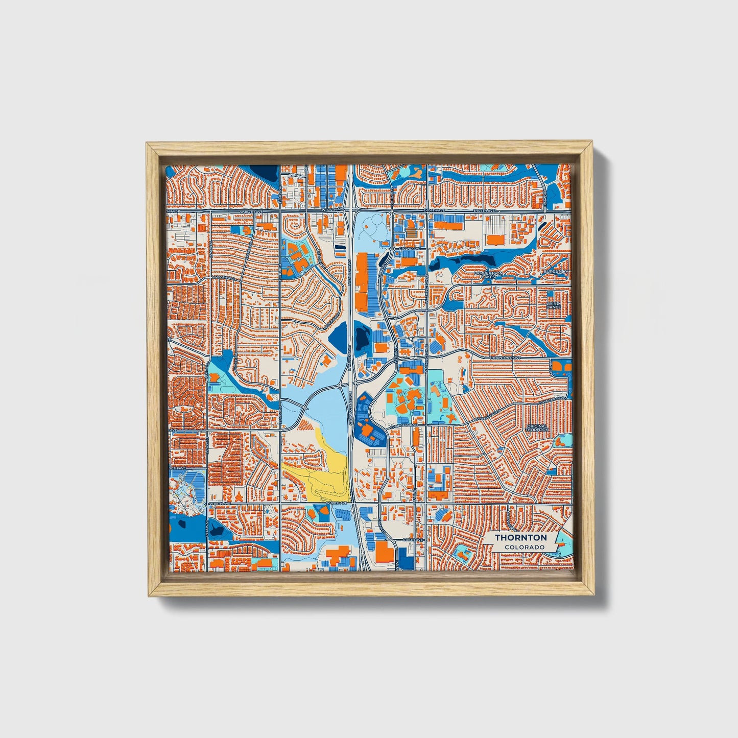 Thornton Colorado Colorful City Map Canvas Print • Natural Wooden Framed
