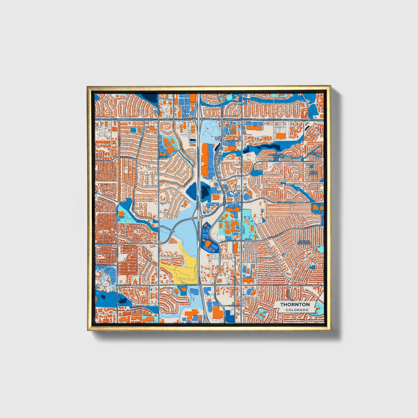 Thornton Colorado Colorful City Map Canvas Print • Gold Framed