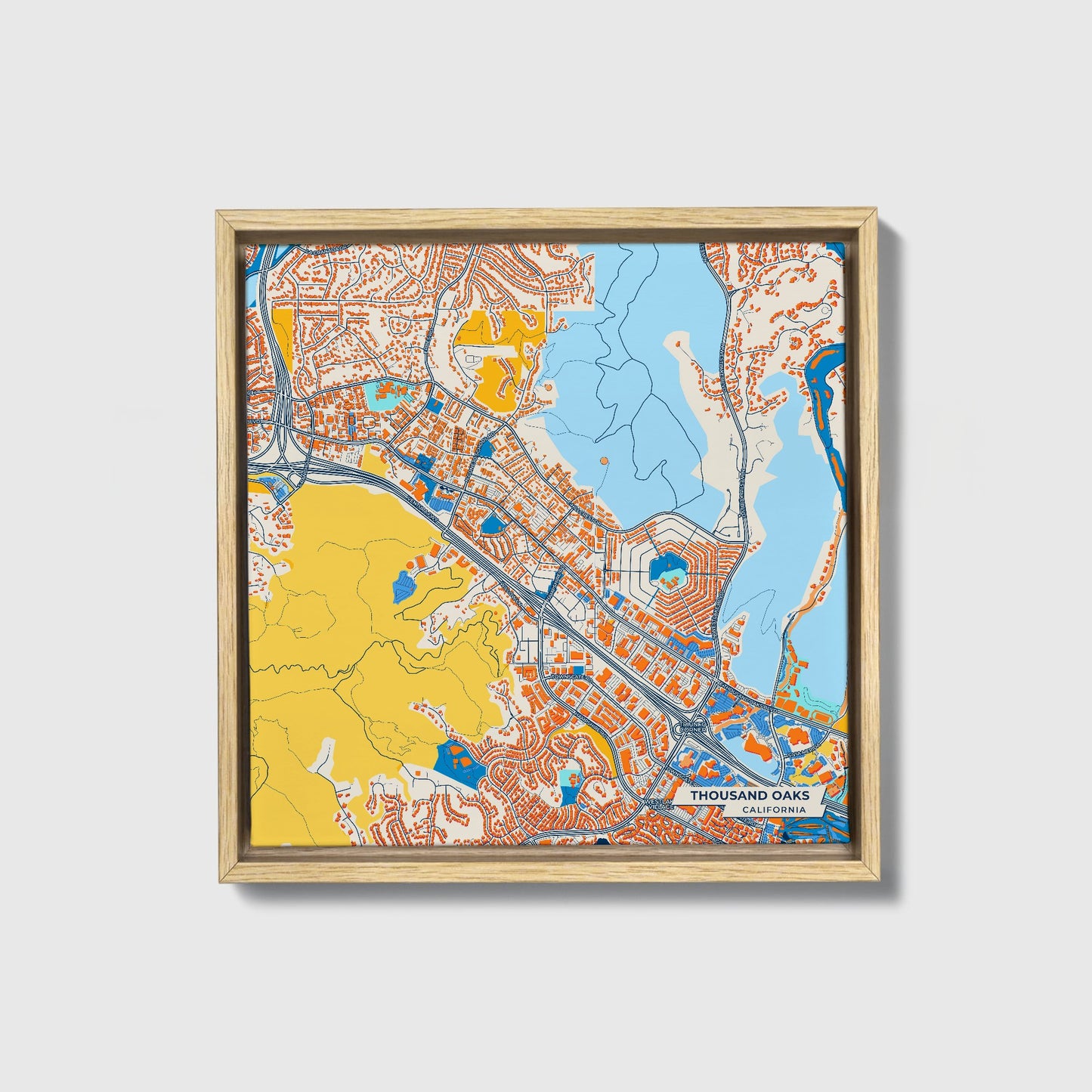 Thousand Oaks California Colorful City Map Canvas Print • Natural Wooden Framed
