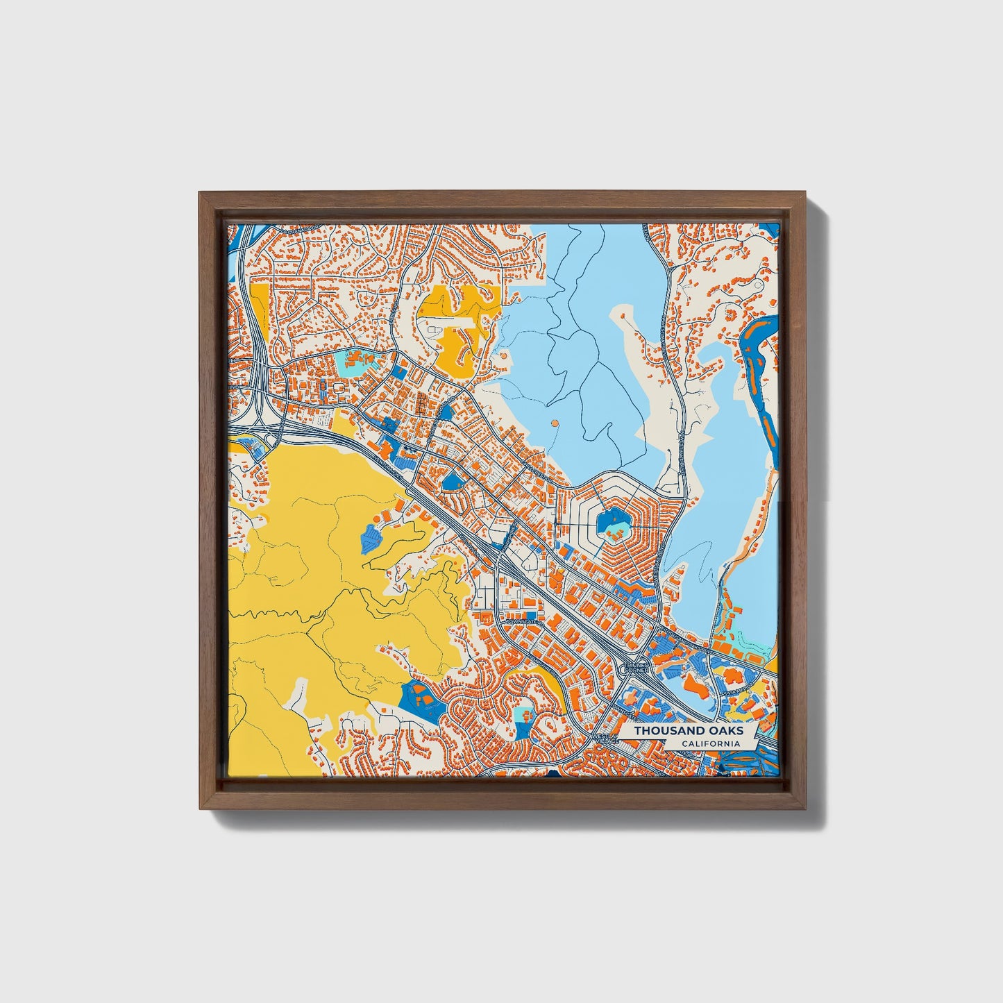 Thousand Oaks California Colorful City Map Canvas Print • Dark Wooden Framed