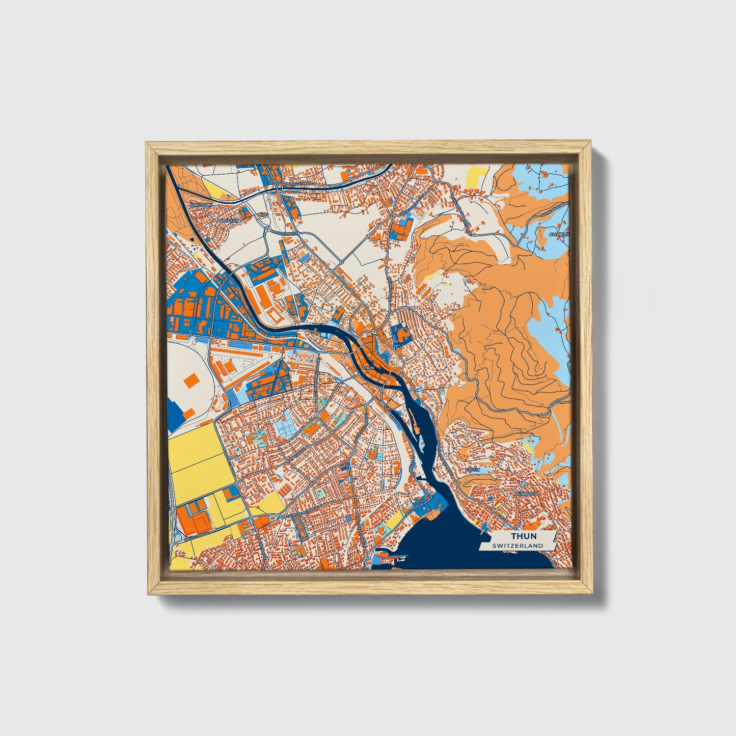 Thun Switzerland Colorful City Map Canvas Print • Natural Wooden Framed