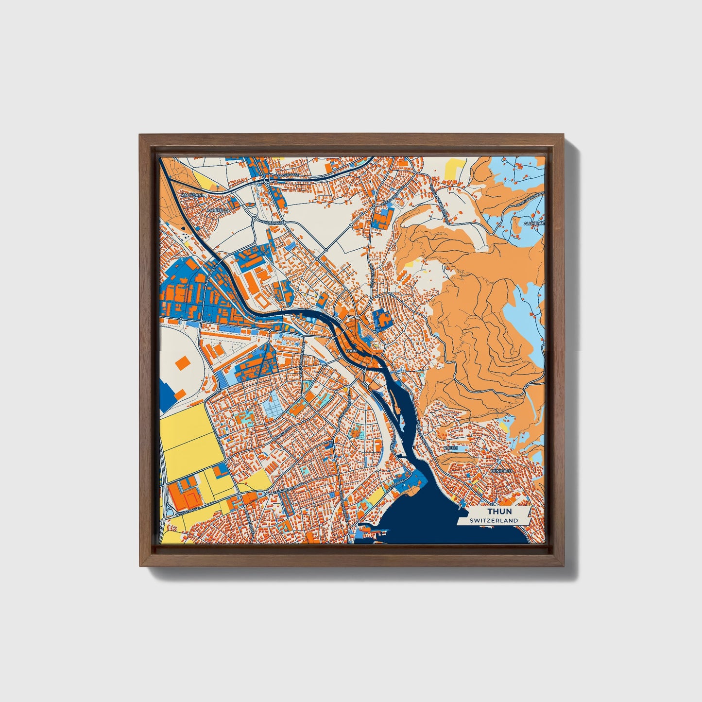Thun Switzerland Colorful City Map Canvas Print • Dark Wooden Framed