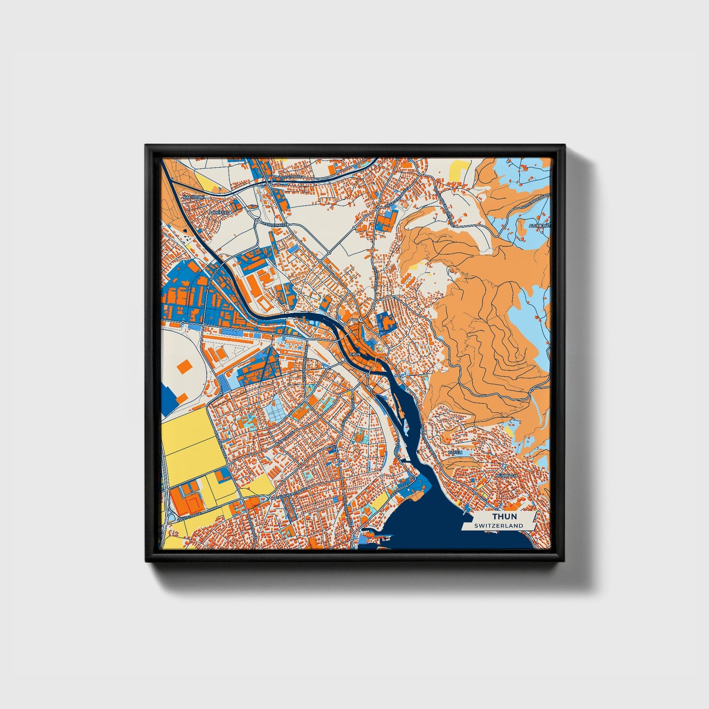 Thun Switzerland Colorful City Map Canvas Print • Black Framed