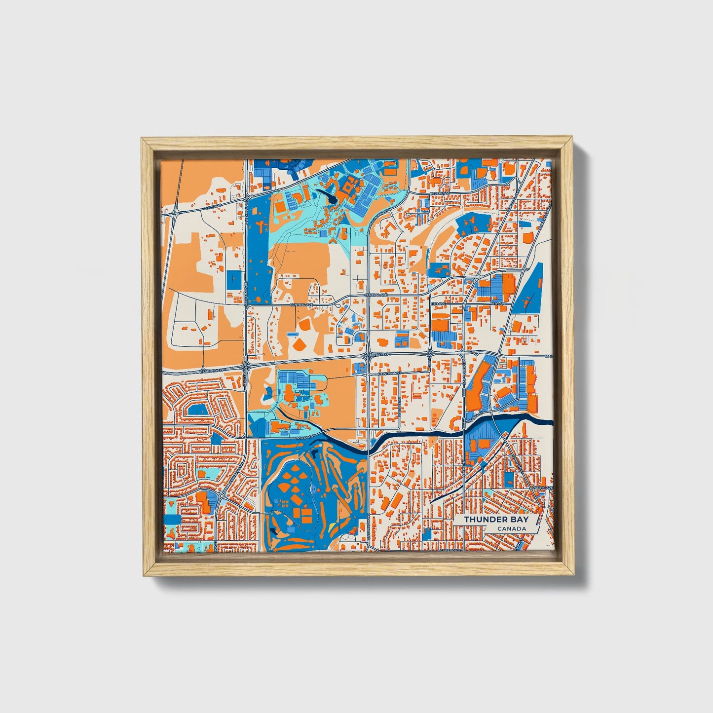 Thunder Bay Canada Colorful City Map Canvas Print • Natural Wooden Framed