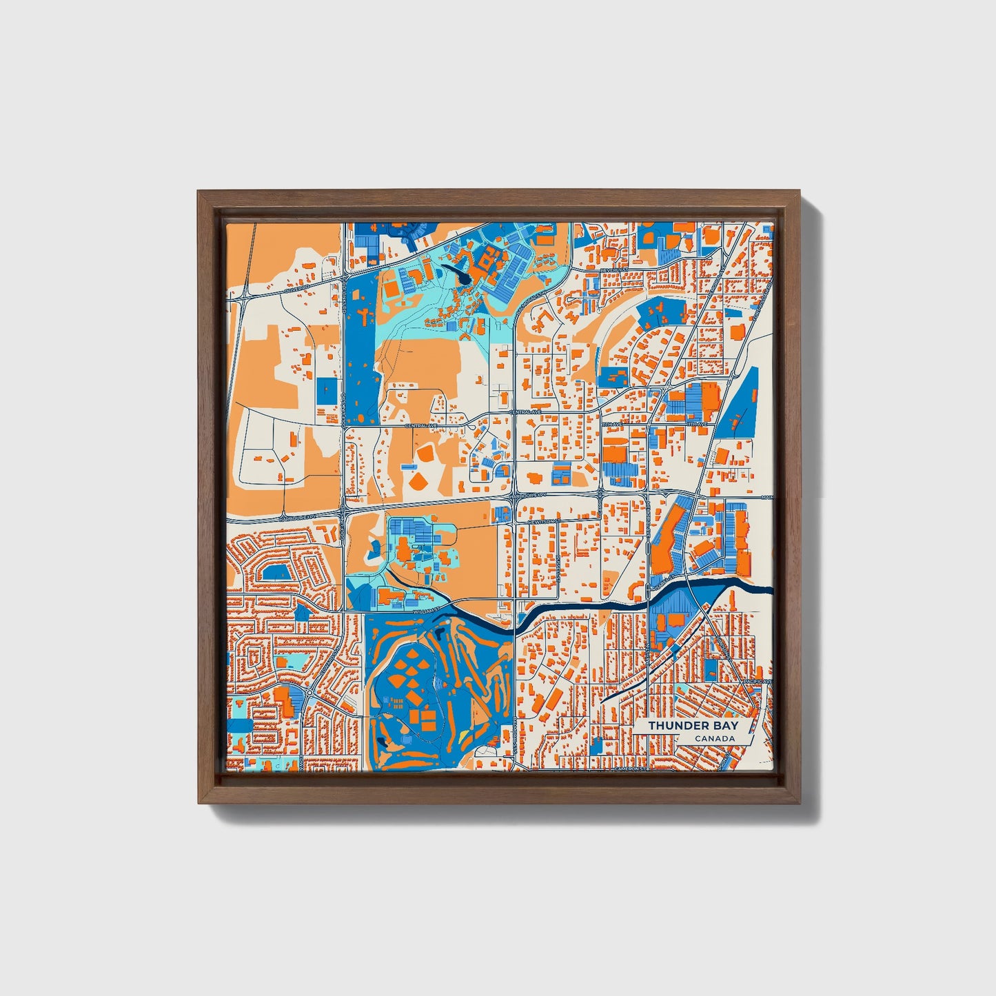 Thunder Bay Canada Colorful City Map Canvas Print • Dark Wooden Framed